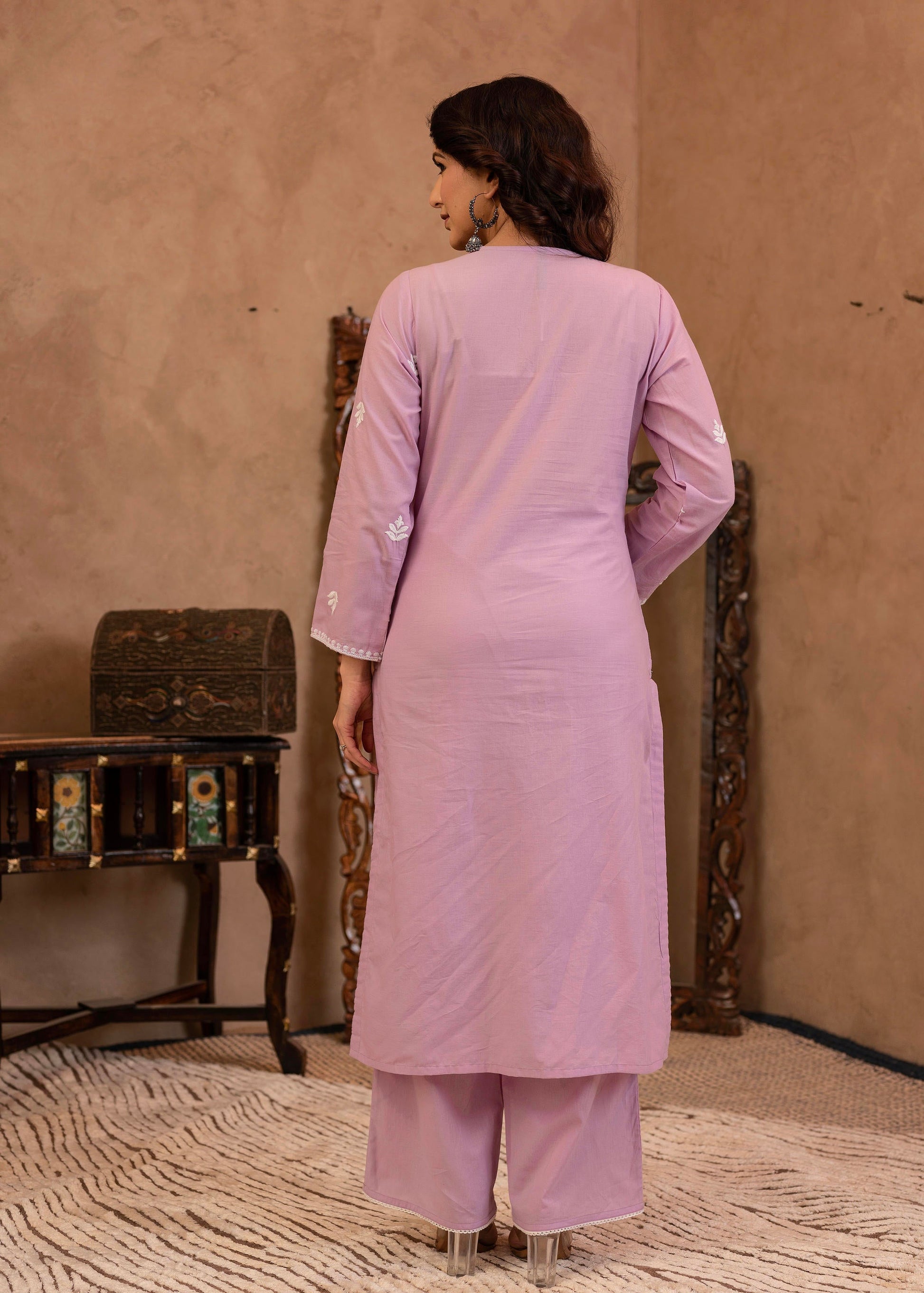 Juniper Lavender Embroidered Cotton Kurta With Palazzo