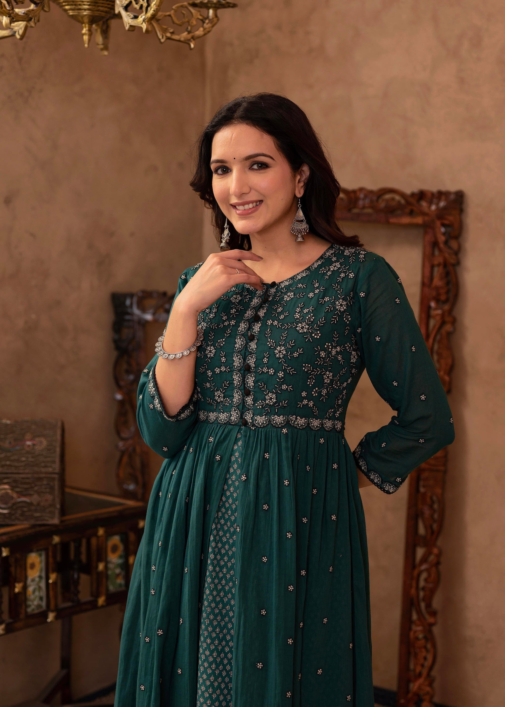Juniper Green Floral Embroidered Cotton Dress with Button Details