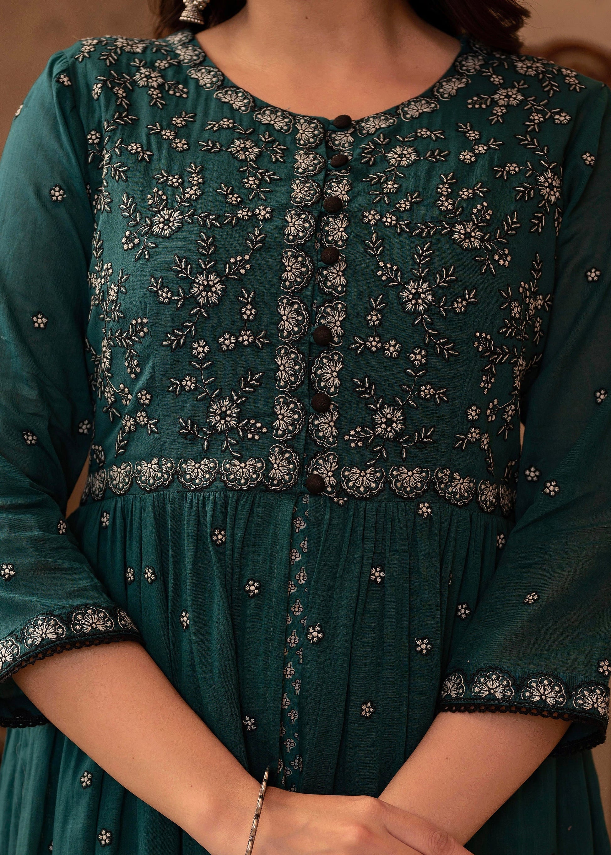 Juniper Green Floral Embroidered Cotton Dress with Button Details