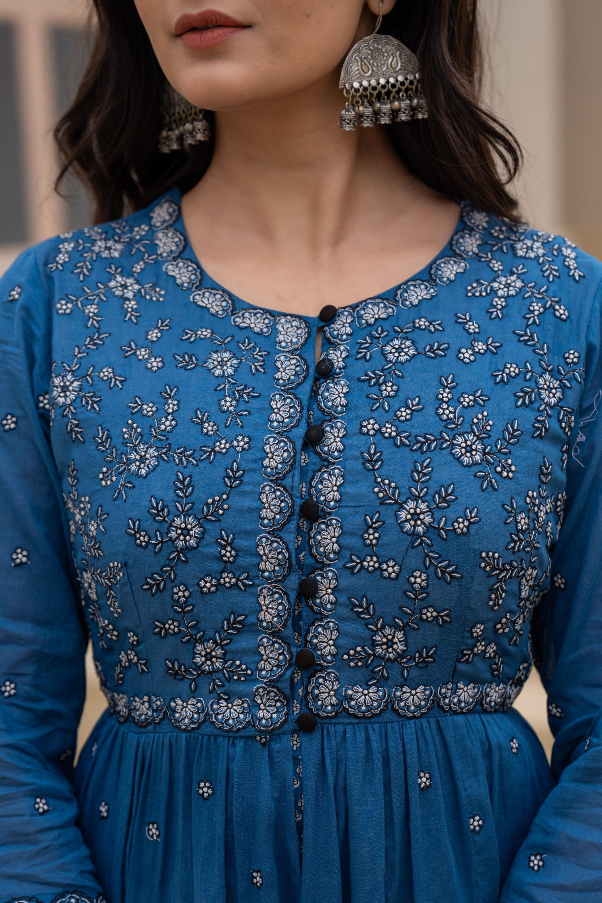 Juniper Indigo Floral Embroidered Cotton Dress with Button Closure & Cotton Lace