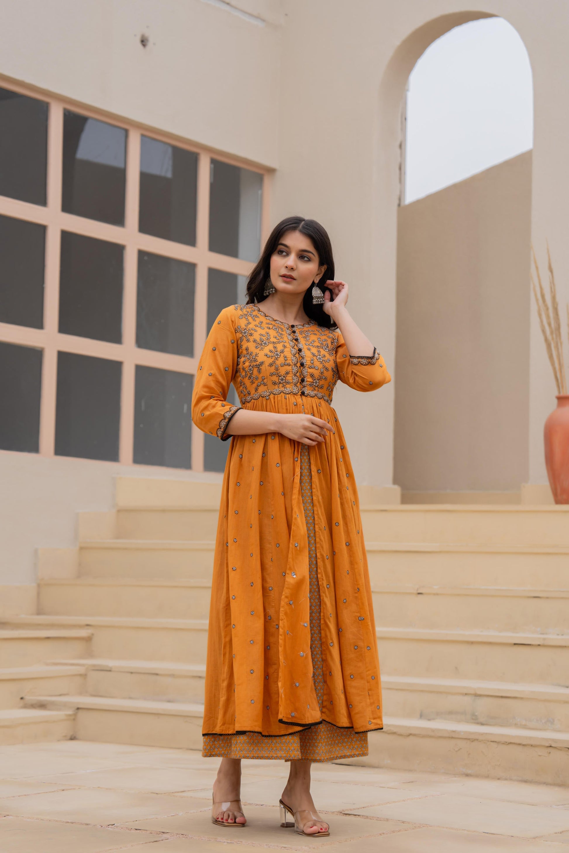Juniper Mustard Floral Embroidered Cotton Dress with Button Closure & Cotton Lace