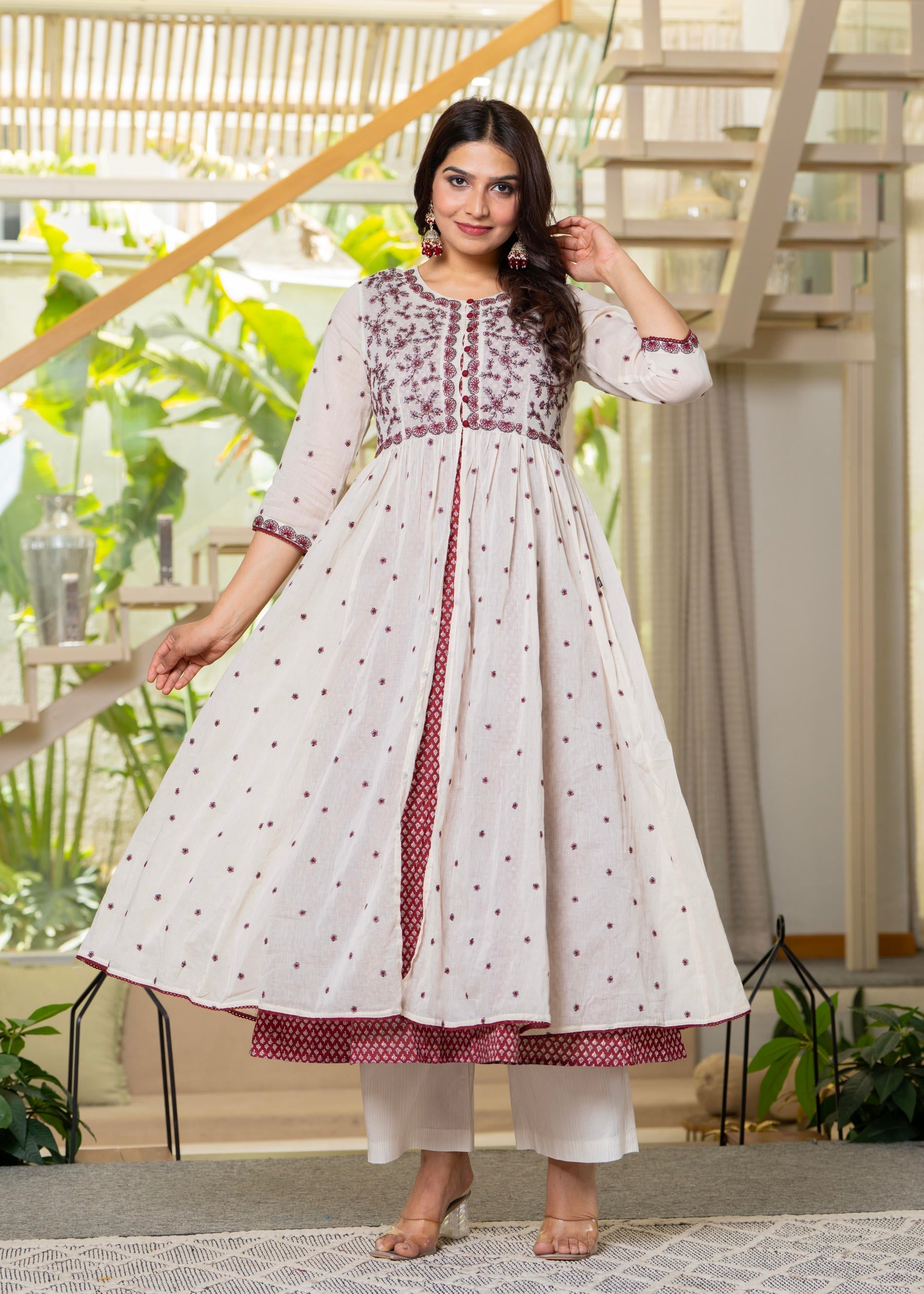 Juniper Cotton Red Fit & Flare Layered Dress With Thread Work & Buttons