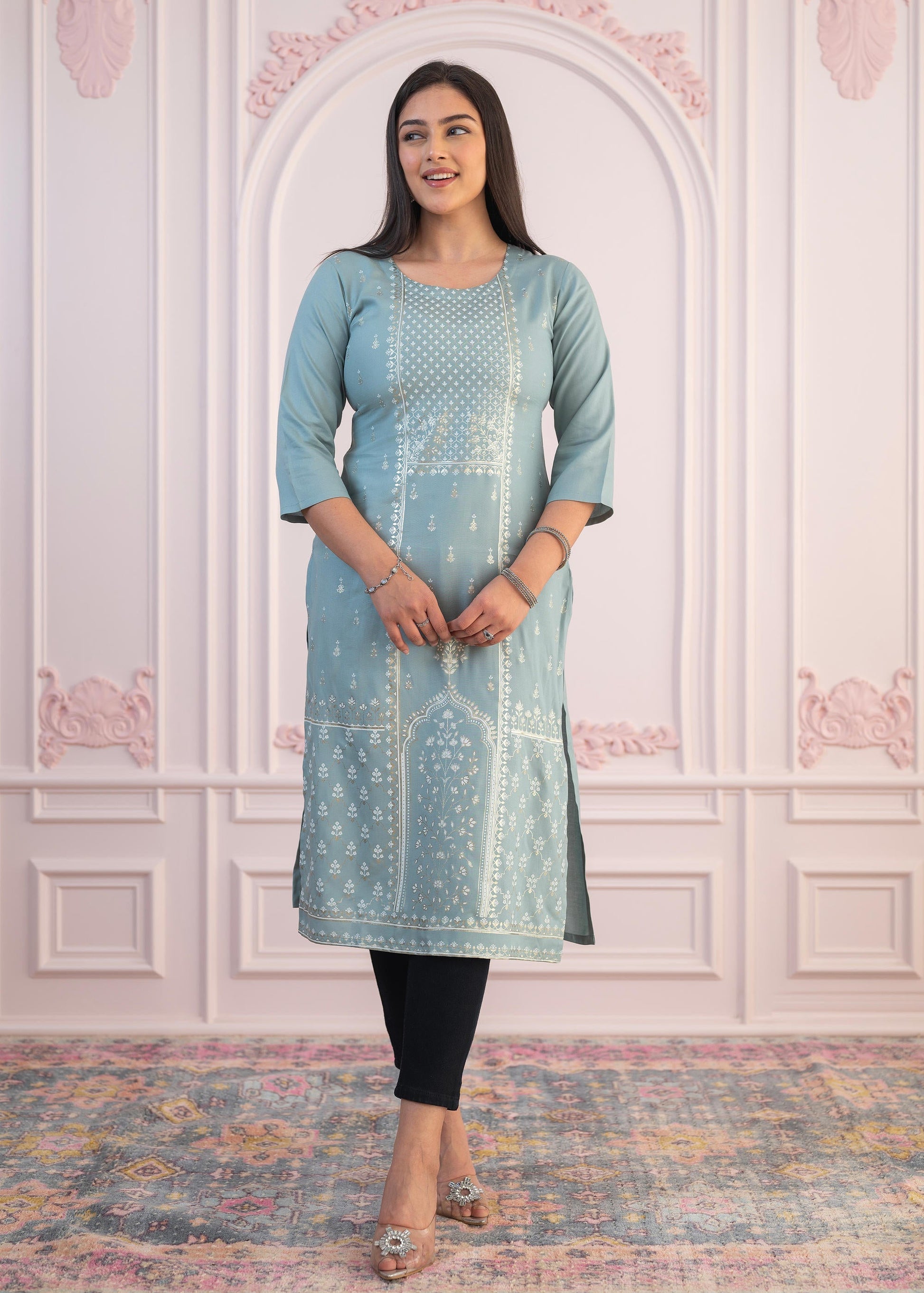 Juniper Women's Mint Printed Viscose Straight Fit Kurta