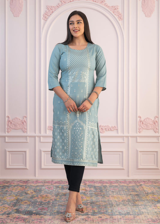 Juniper Women's Mint Printed Viscose Straight Fit Kurta