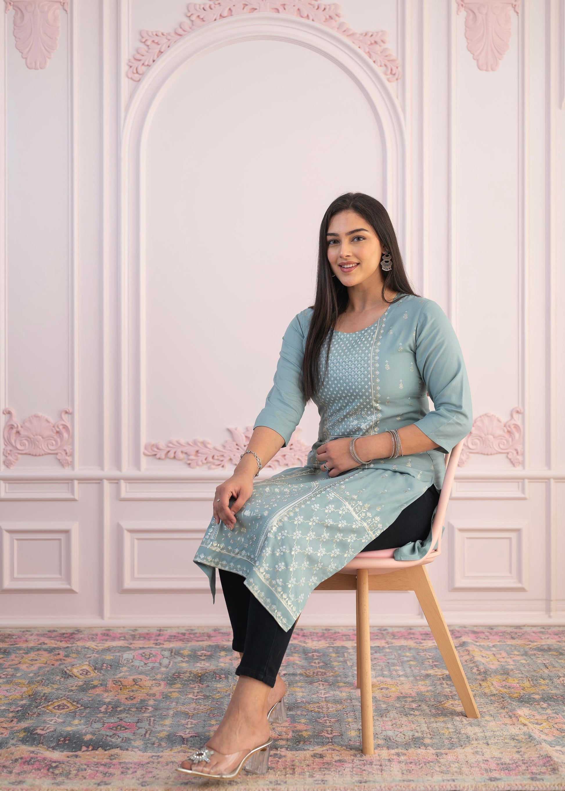 Juniper Women's Mint Printed Viscose Straight Fit Kurta