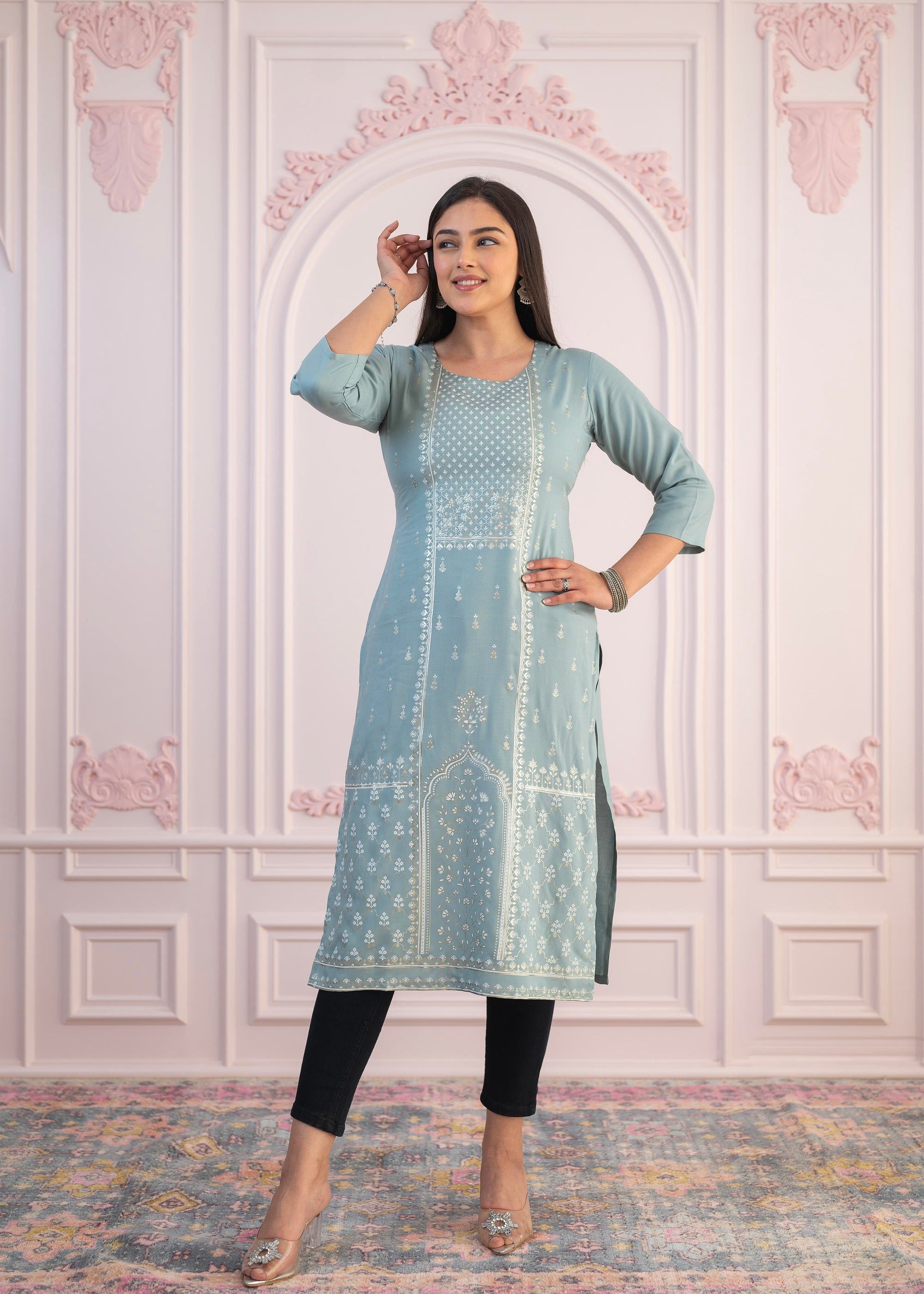 Juniper Women's Mint Printed Viscose Straight Fit Kurta