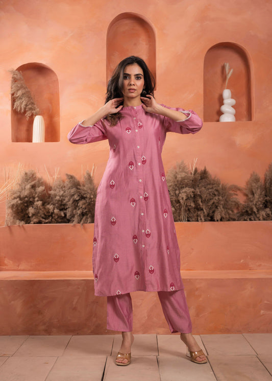 Juniper Pink Olive embroiderd kurta and solid bottom with cotton lace