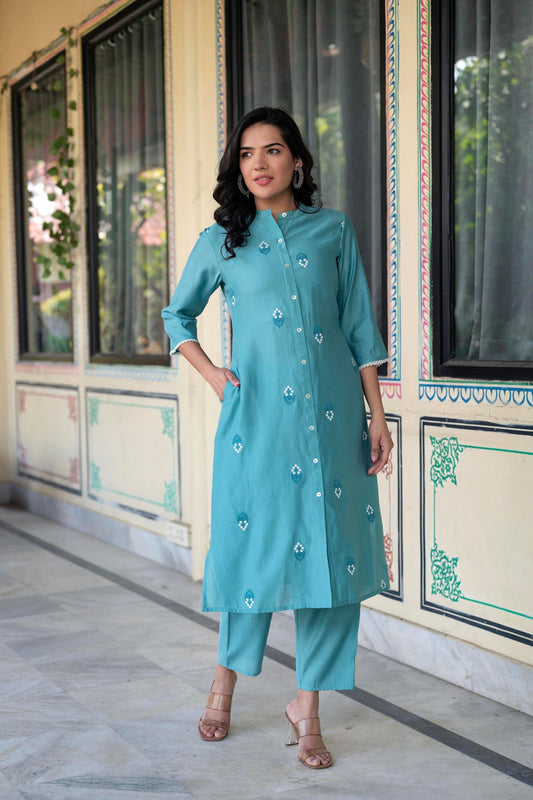 Juniper Turquoise embroiderd kurta and solid bottom with cotton lace | Grab2Buy