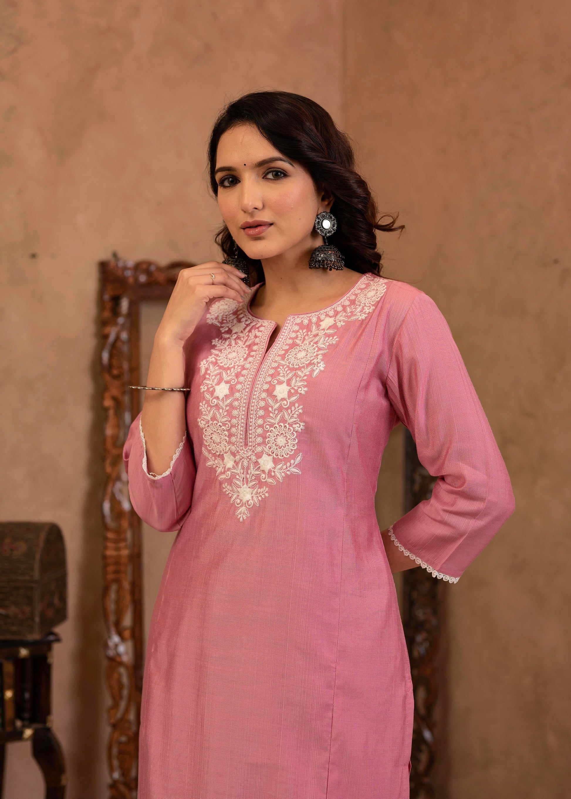 Juniper Pink Embroidered Viscose Kurta-Palazzo Set With Thread Work & Cotton Lace