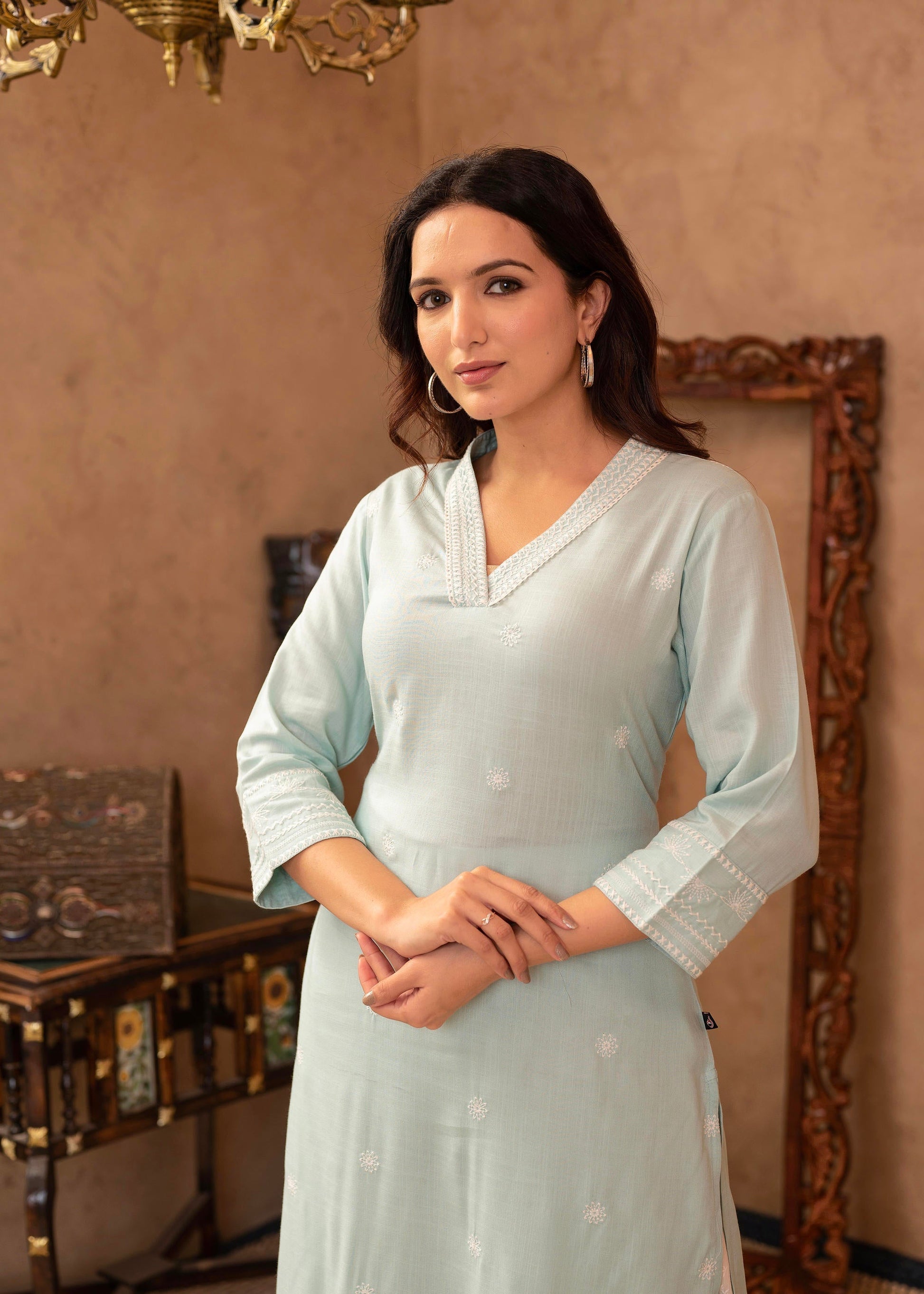 Juniper Aqua Viscose Kurta & Pant Set with Thread Work & Lace
