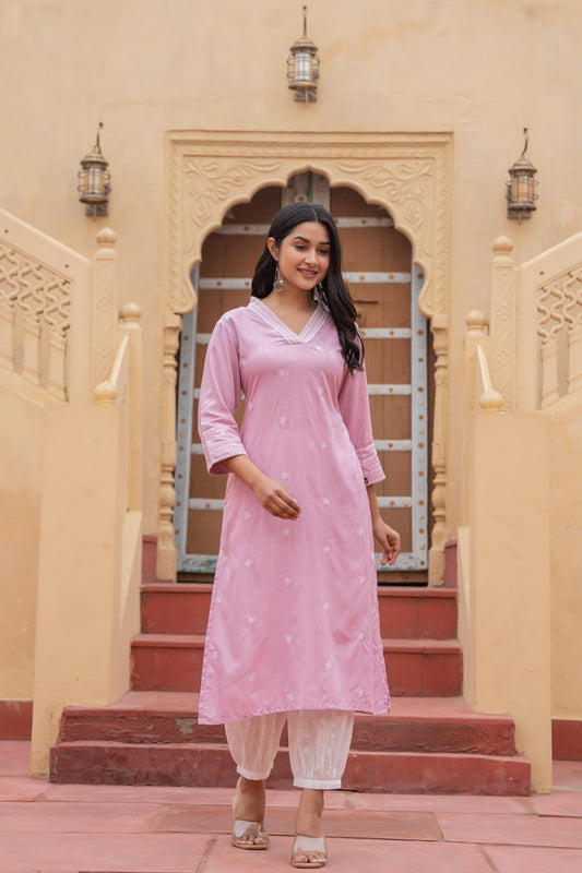 Juniper Pink Embroidered Viscose Kurta With Printed Cotton Pant