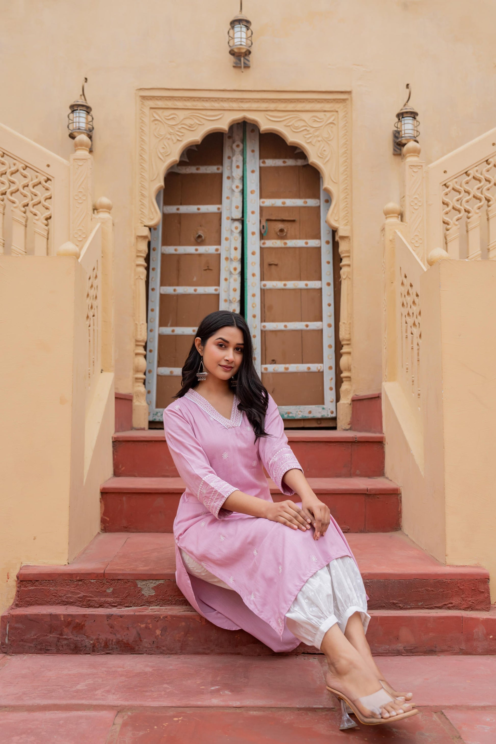 Juniper Pink Embroidered Viscose Kurta with Printed Cotton Pant