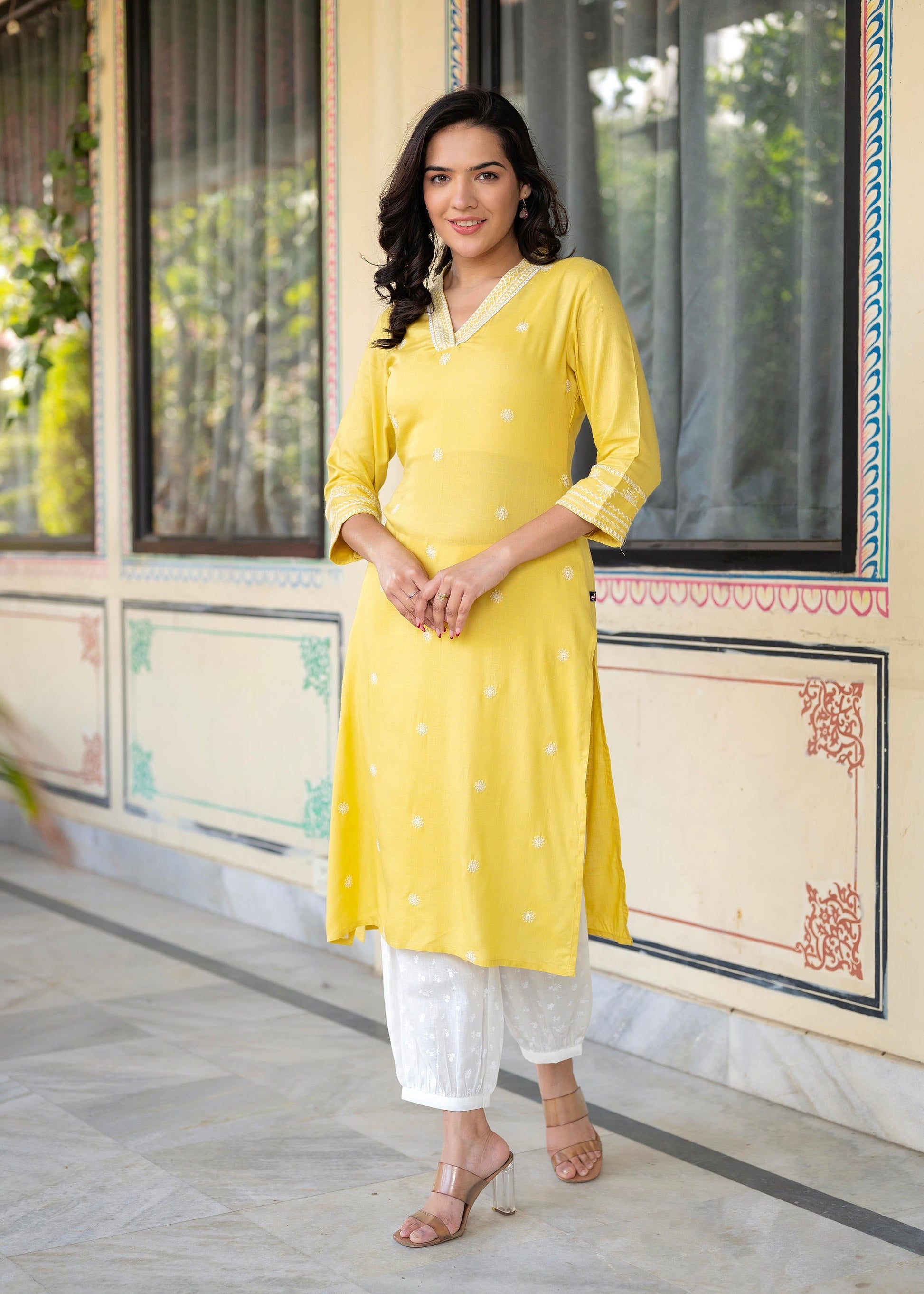 Juniper Yellow Embroidered Viscose Kurta with Printed Cotton Pant