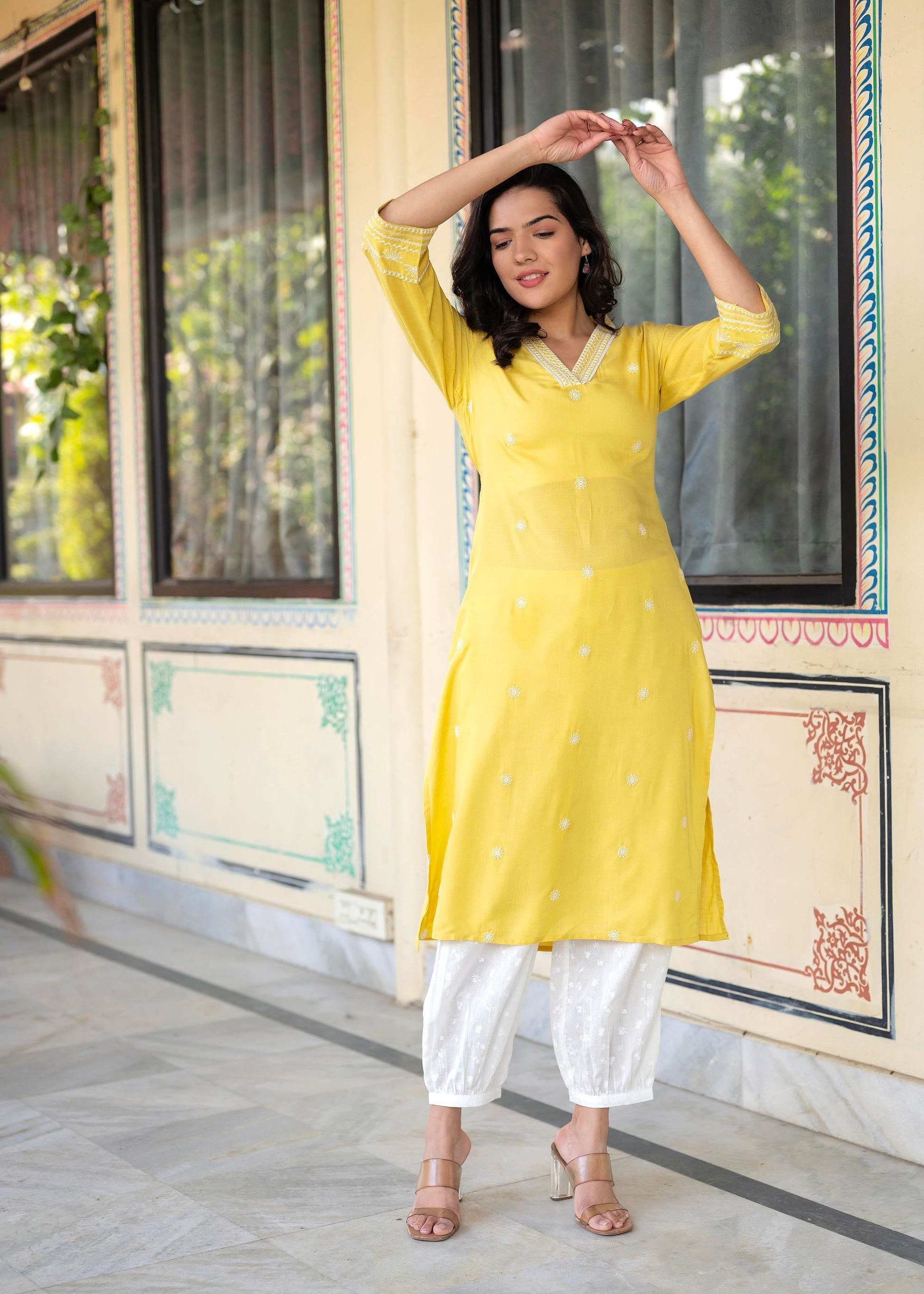 Juniper Yellow Embroidered Viscose Kurta with Printed Cotton Pant