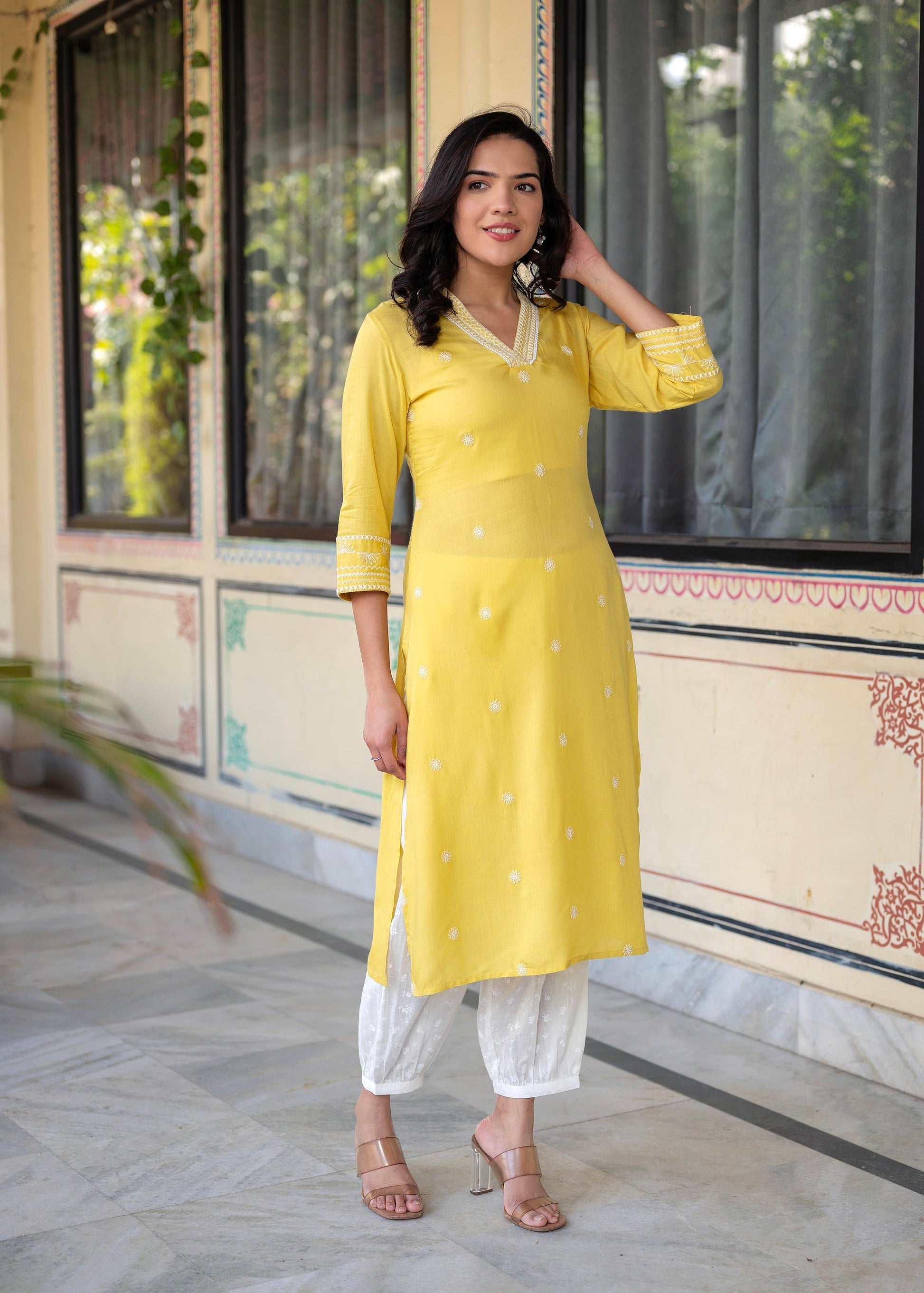 Juniper Yellow Embroidered Viscose Kurta with Printed Cotton Pant