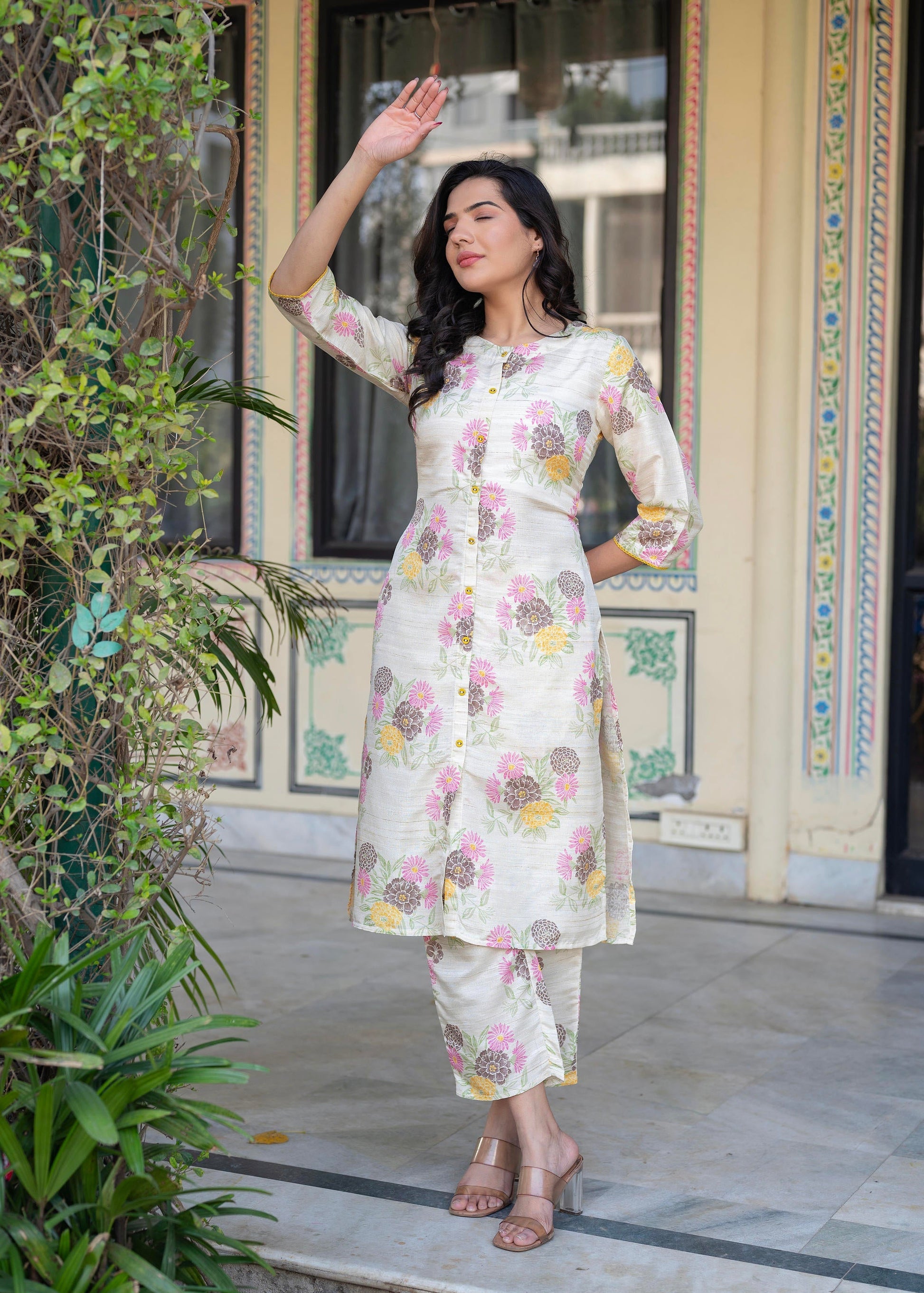 Juniper Ivory Floral Viscose Kurta with Printed Cotton Pant & Button Details