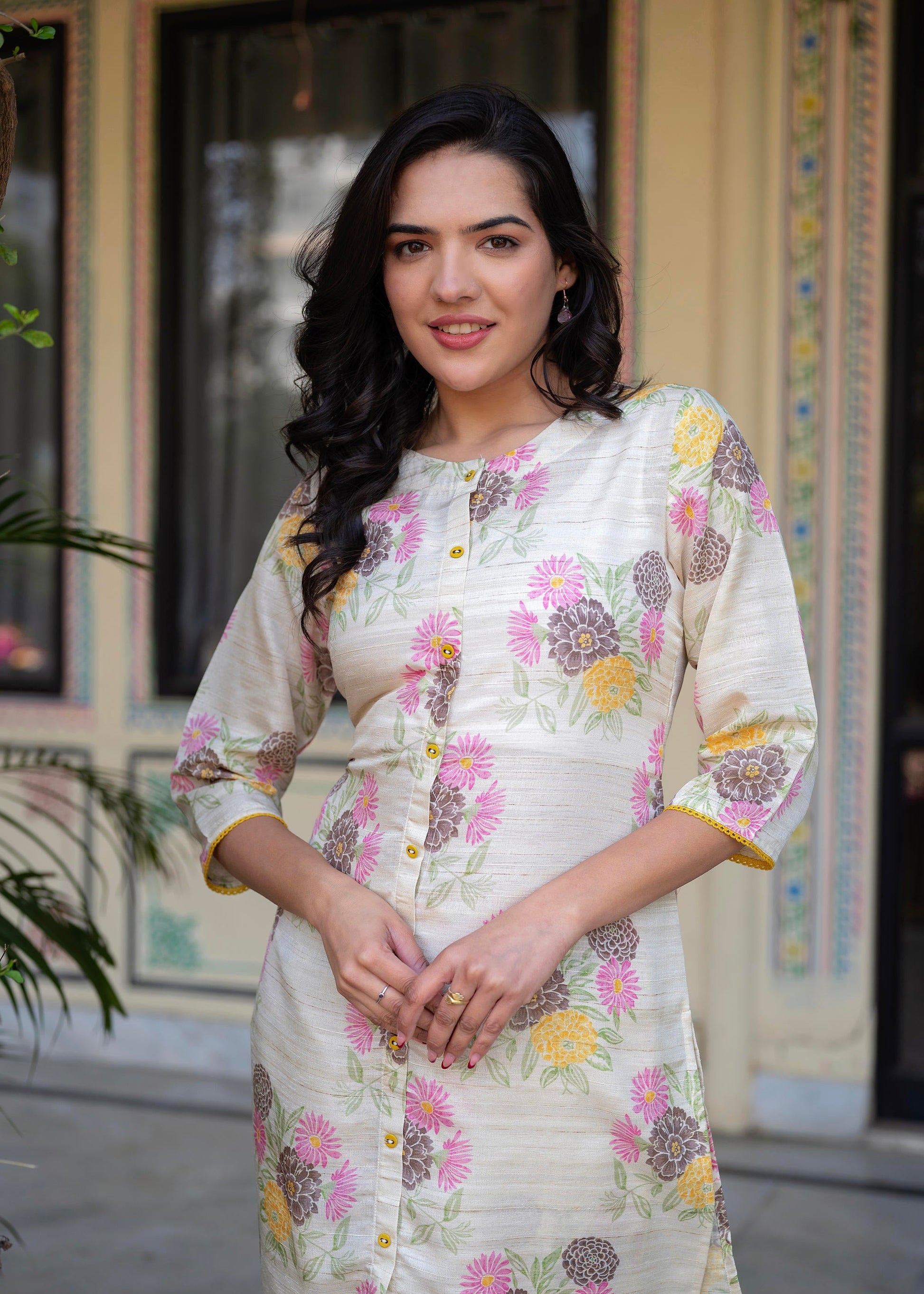 Juniper Ivory Floral Viscose Kurta with Printed Cotton Pant & Button Details
