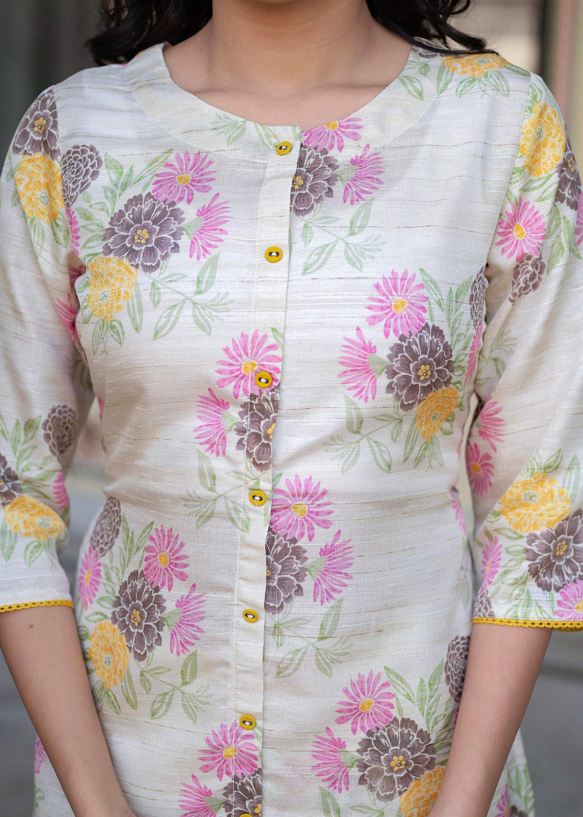 Juniper Ivory Floral Viscose Kurta with Printed Cotton Pant & Button Details