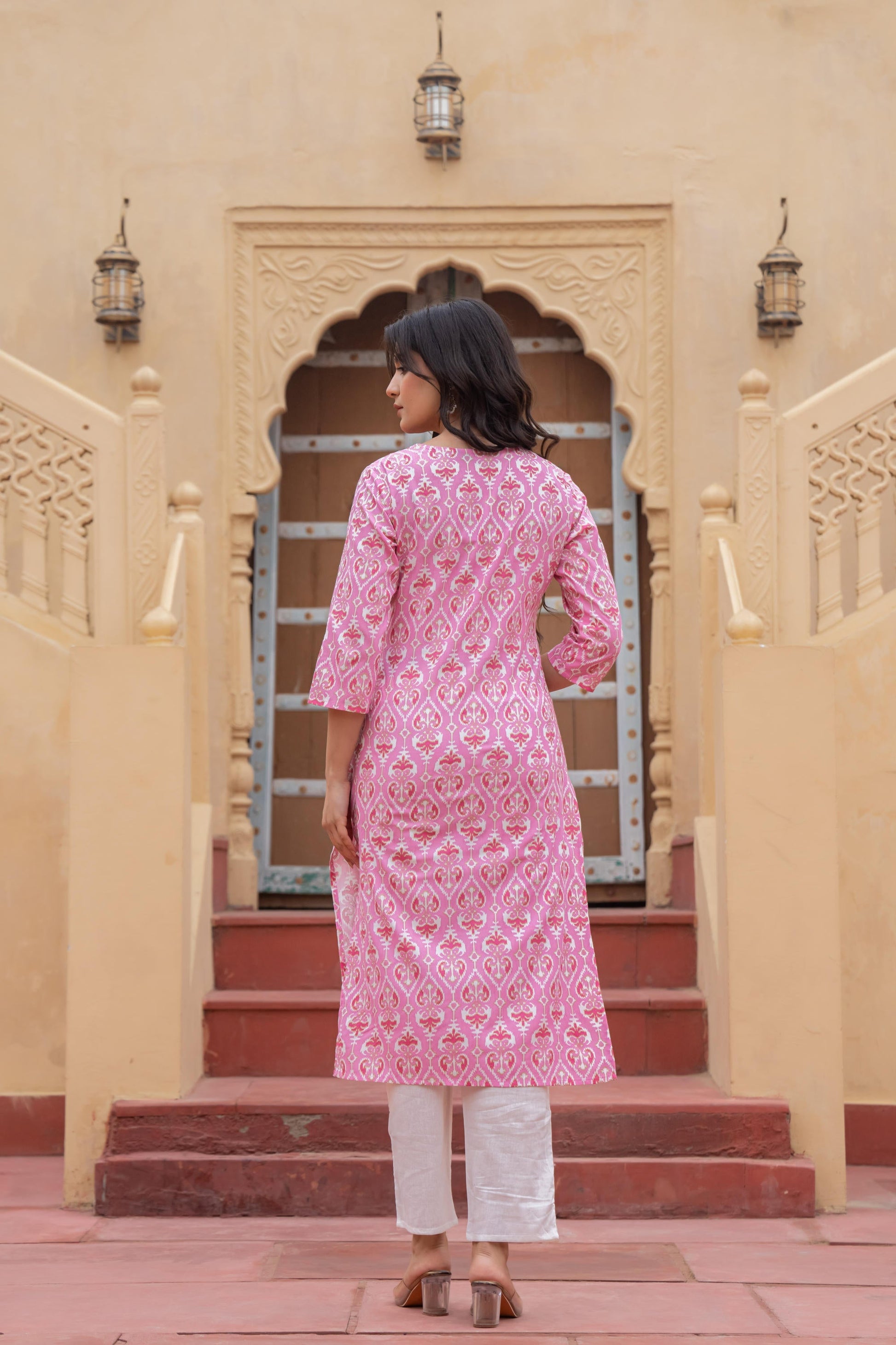 Juniper Women's Pink Ethnic Motif Printed Viscose Kurta Set With Sequin & Thread Work