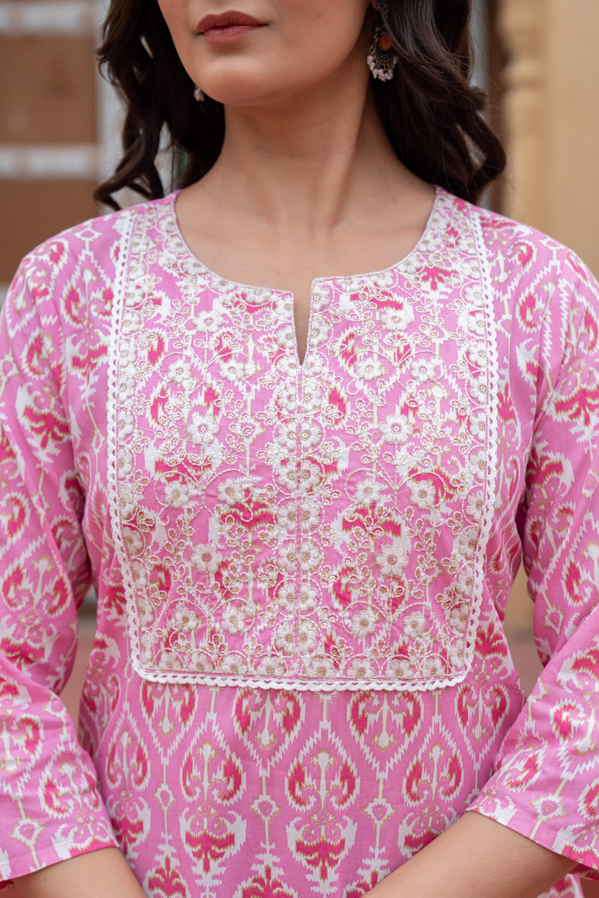 Juniper Women's Pink Ethnic Motif Printed Viscose Kurta Set With Sequin & Thread Work