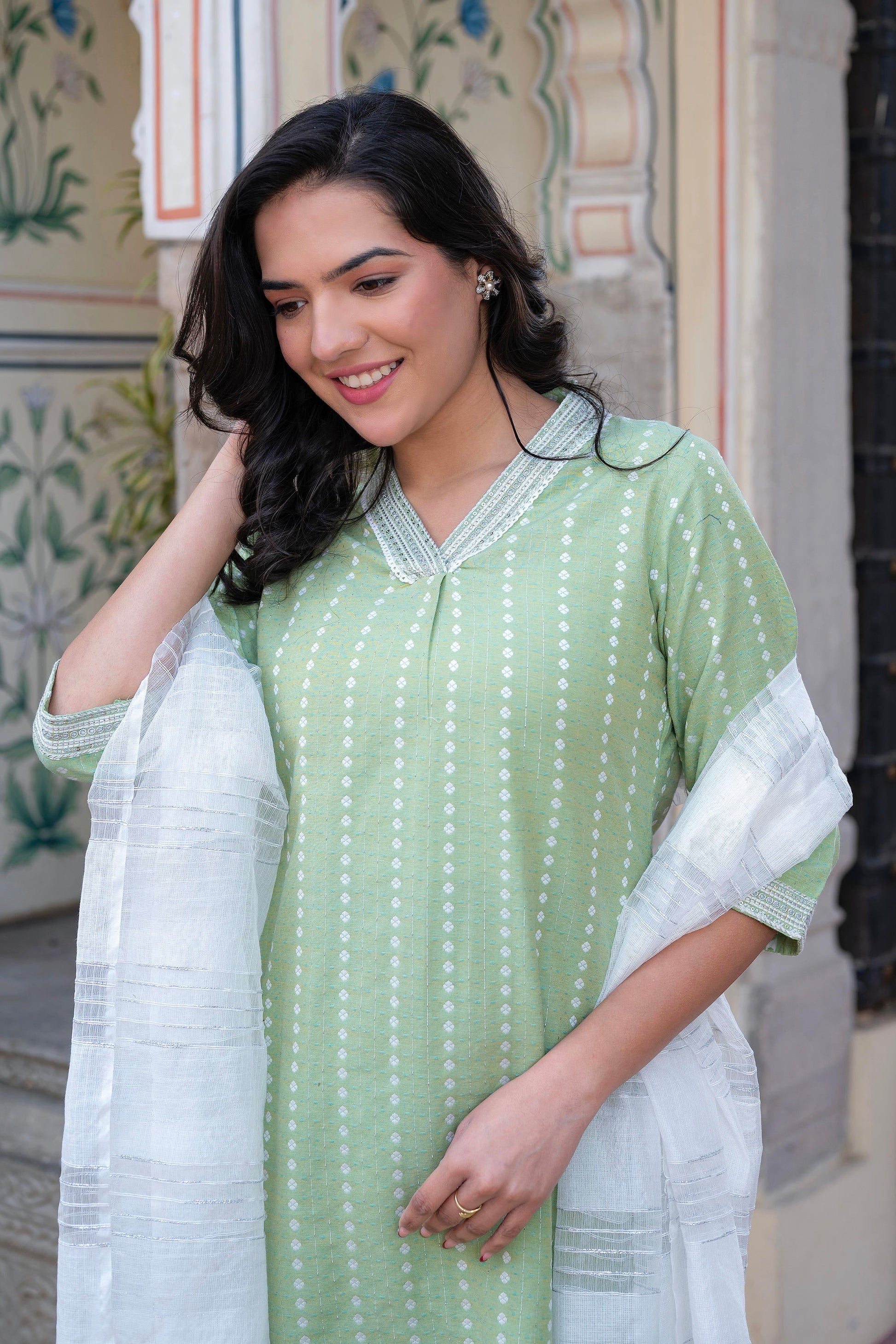 Juniper Sage Green Brocade Kurta-Pant & Dupatta Set with Sequins