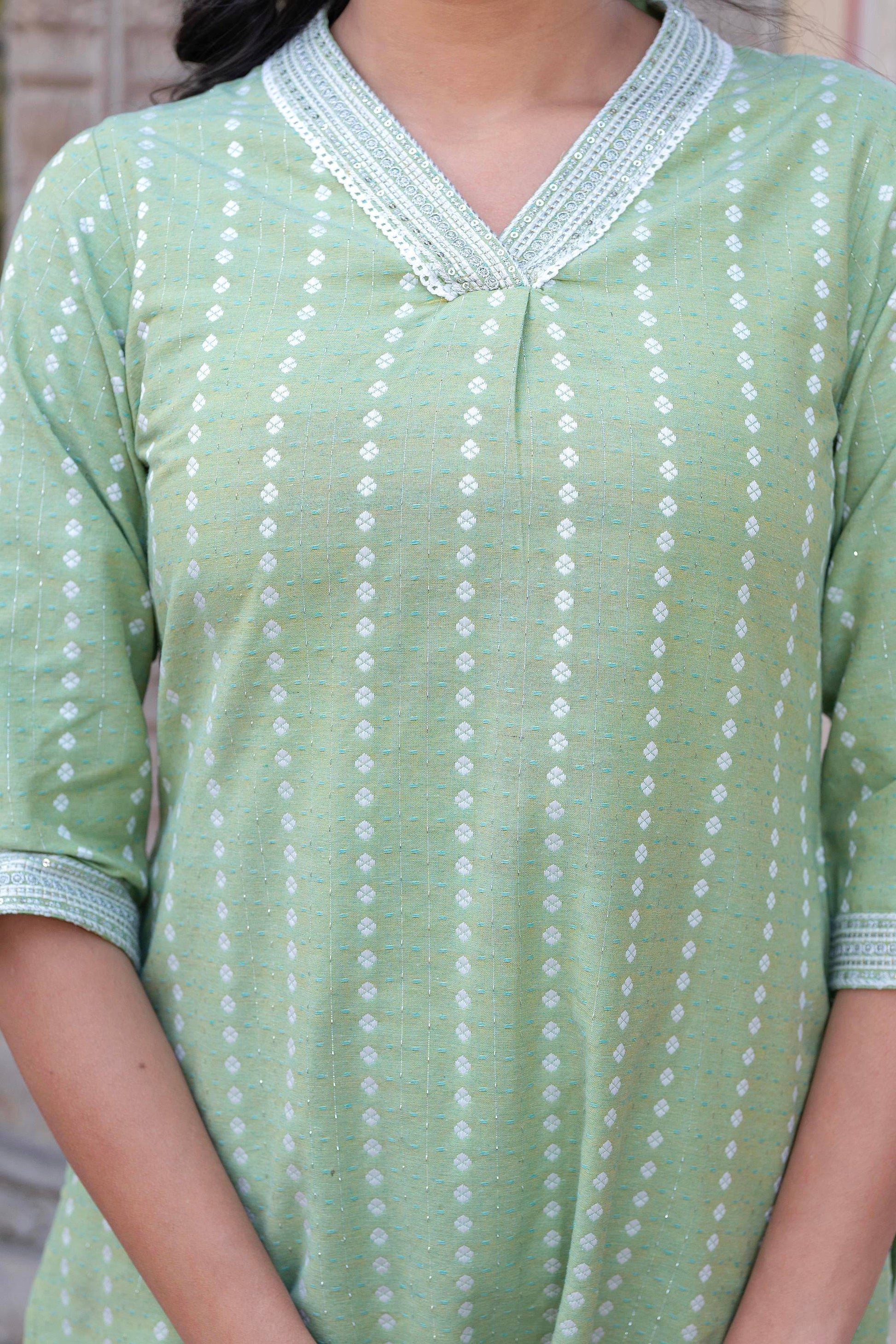 Juniper Sage Green Brocade Kurta-Pant & Dupatta Set with Sequins
