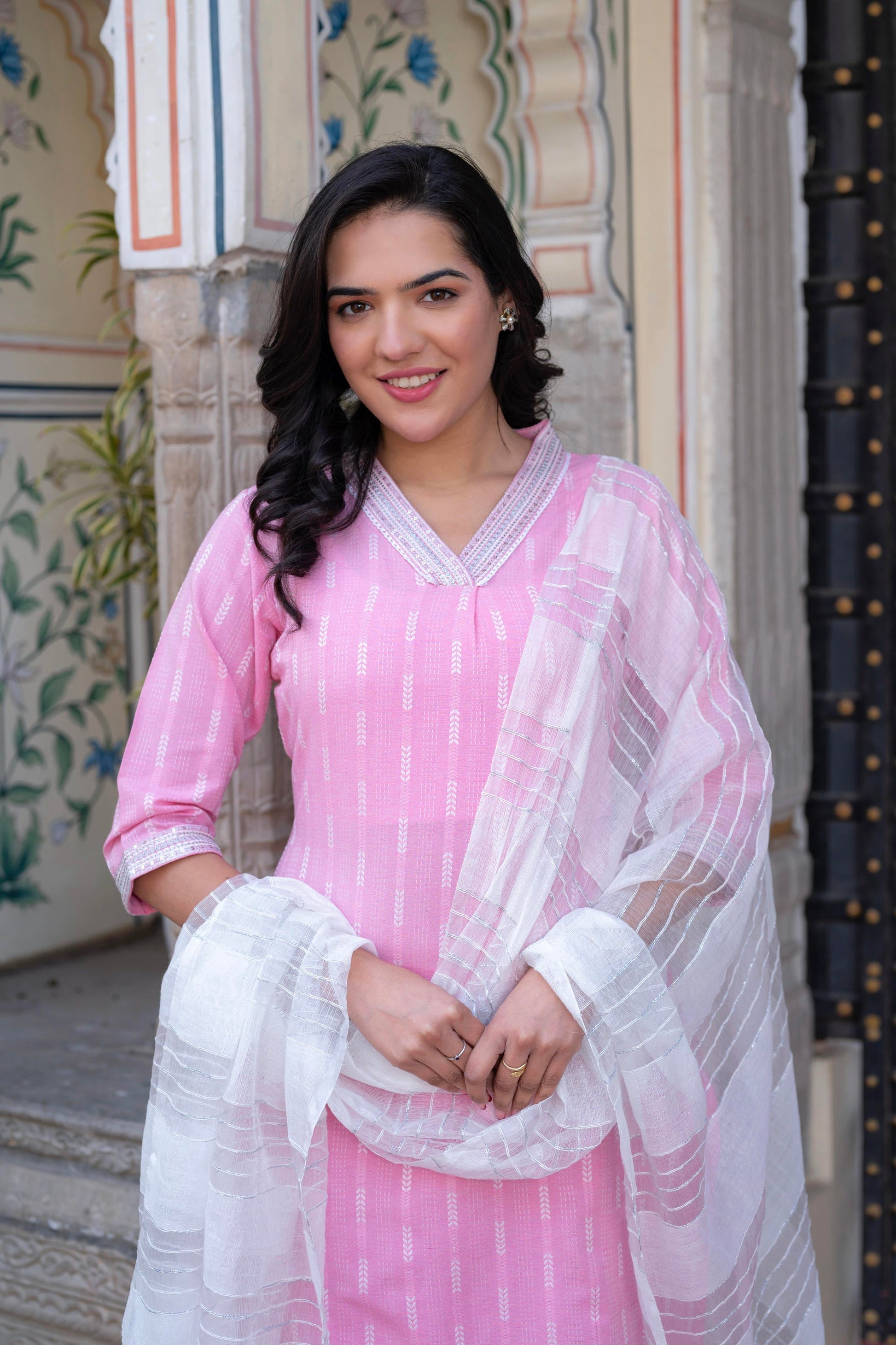 Juniper Pink Brocade Kurta-Pant & Dupatta Set with Sequins & Tassels