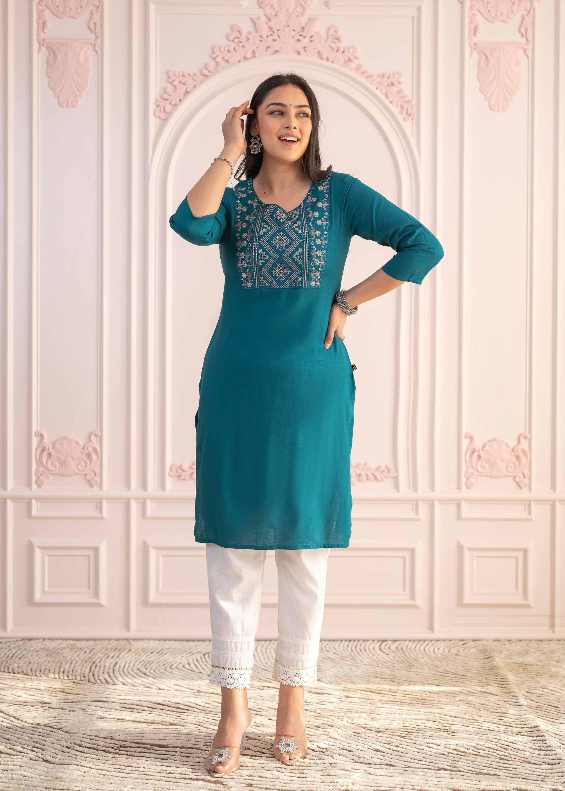 Juniper Teal Straight Kurta Set With Geometric Embroidered Yoke And White Pants