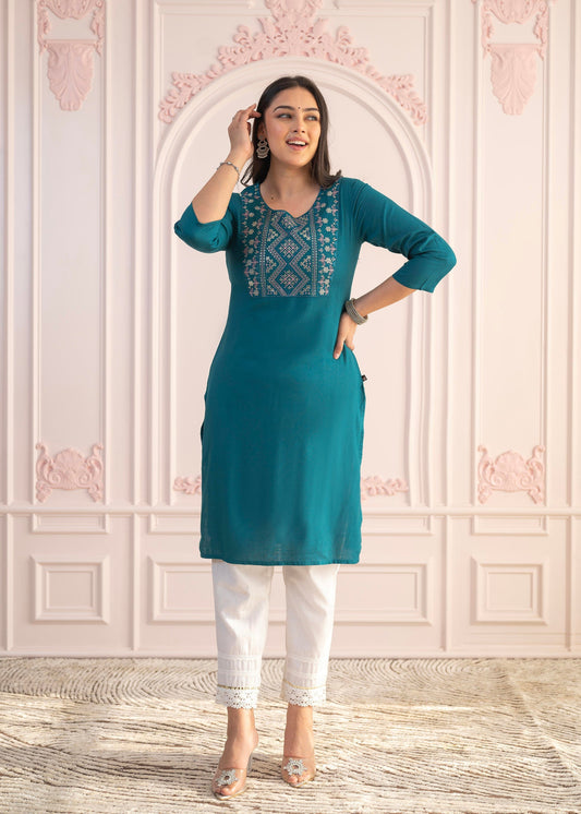 Juniper Teal Straight Kurta Set With Geometric Embroidered Yoke And White Pants