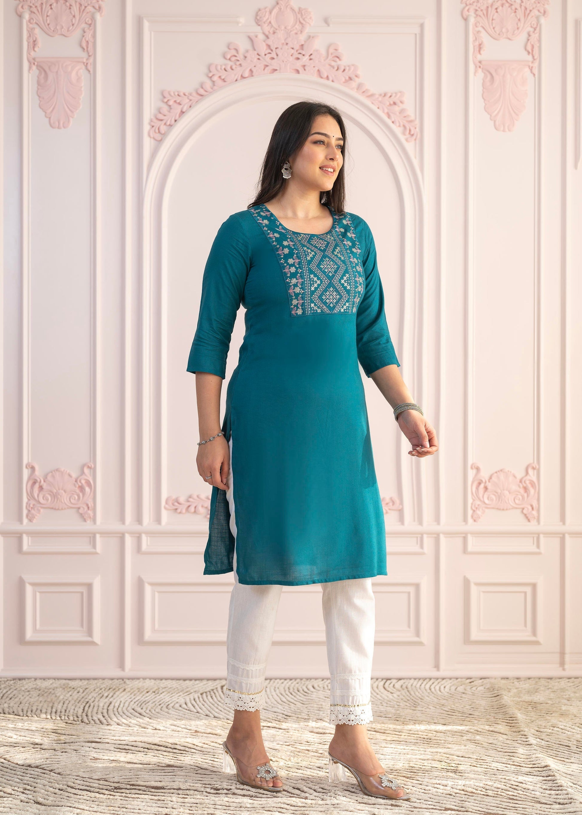 Juniper Teal Straight Kurta Set with Geometric Embroidered Yoke and White Pants