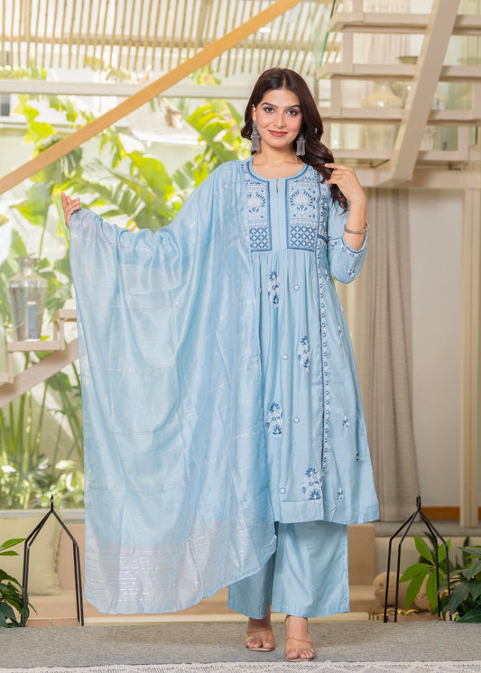 Juniper Aqua Blue Flared Embroidered Kurta Set with Dupatta