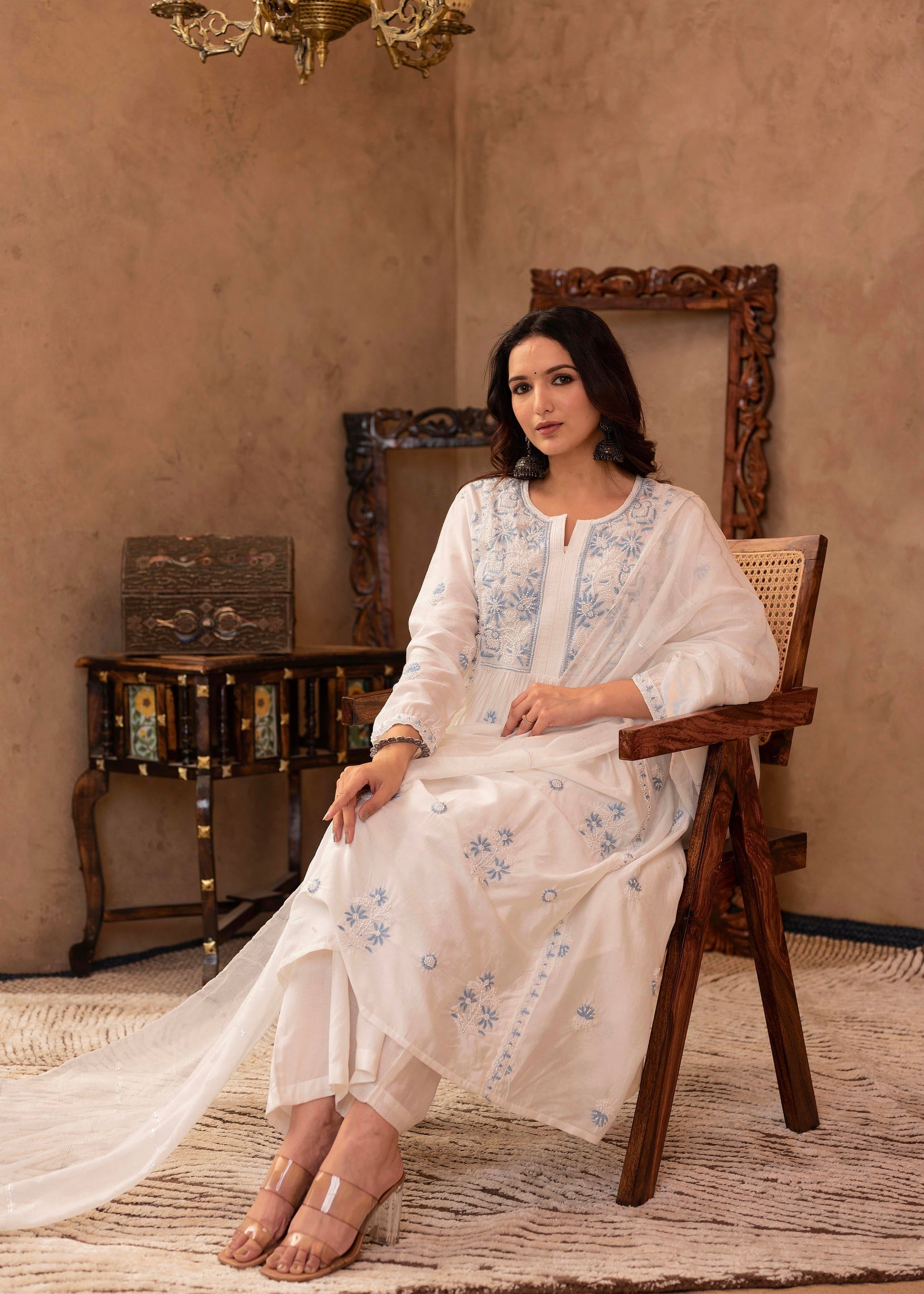 Juniper Off-White Chanderi Floral Embroidered Kurta with Palazzo, Dupatta & Bead Work