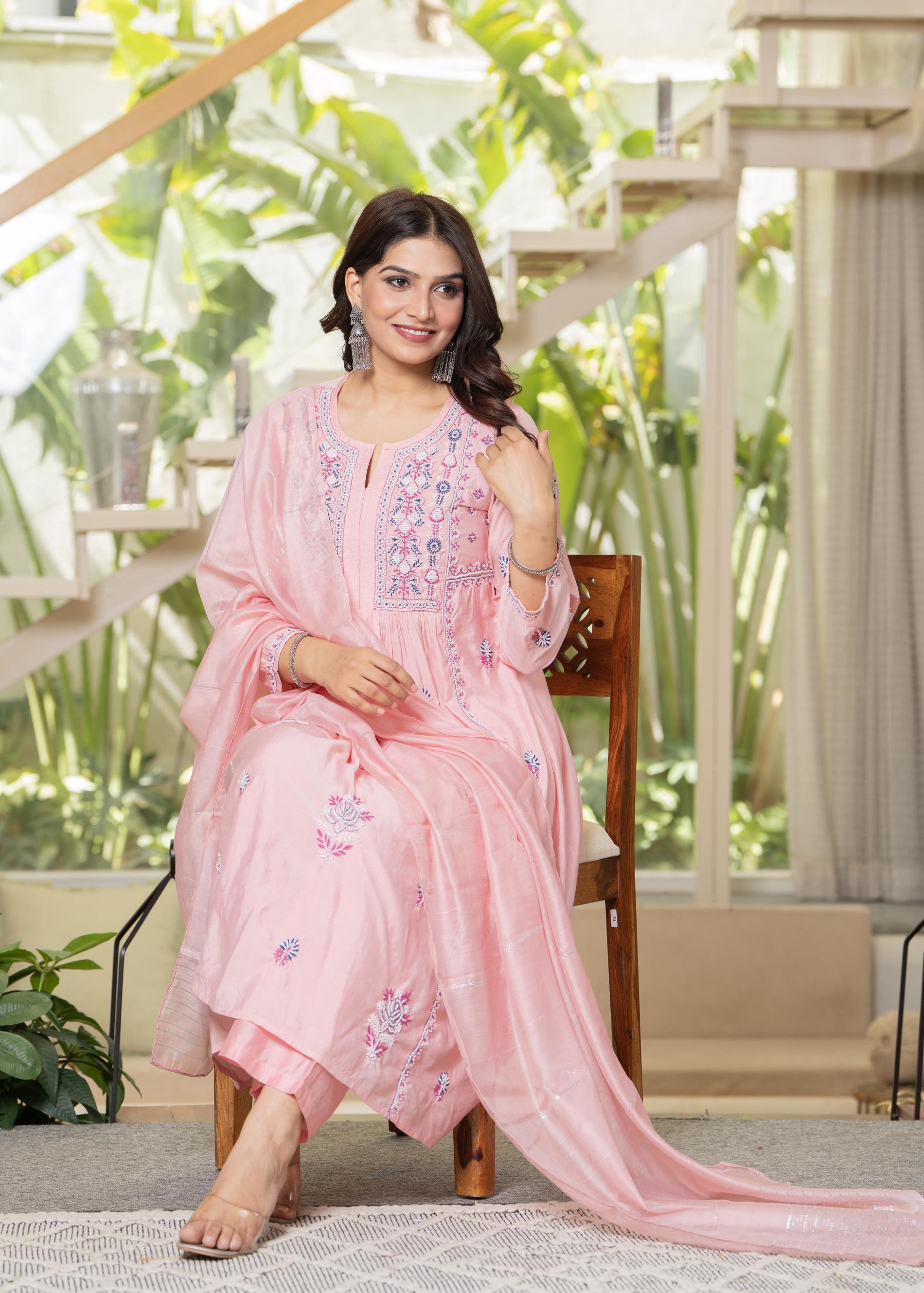 Juniper Baby Pink Embroidered Flared Kurta Set with Dupatta