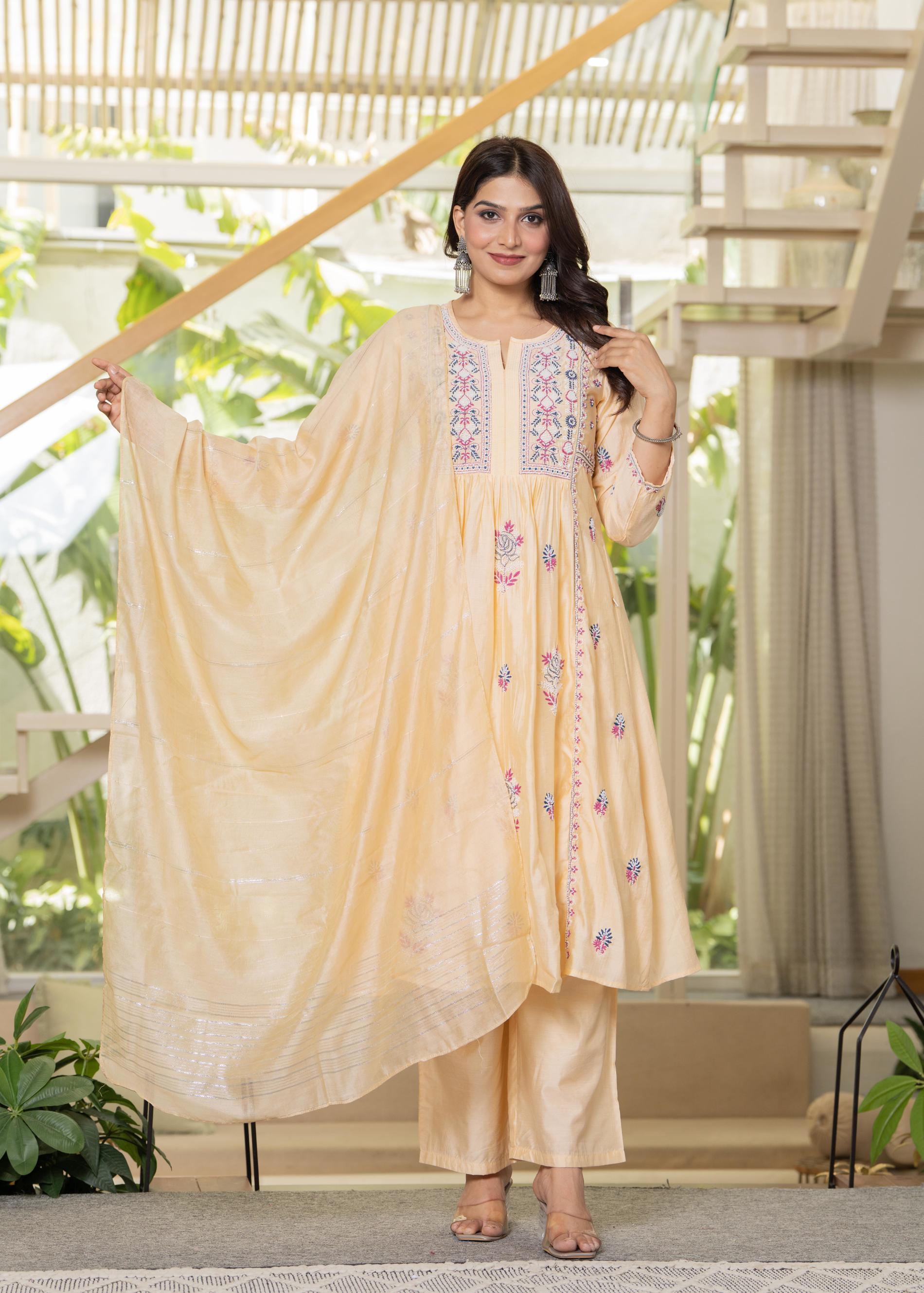 Juniper Yellow Embroidered Flared Kurta Set With Dupatta