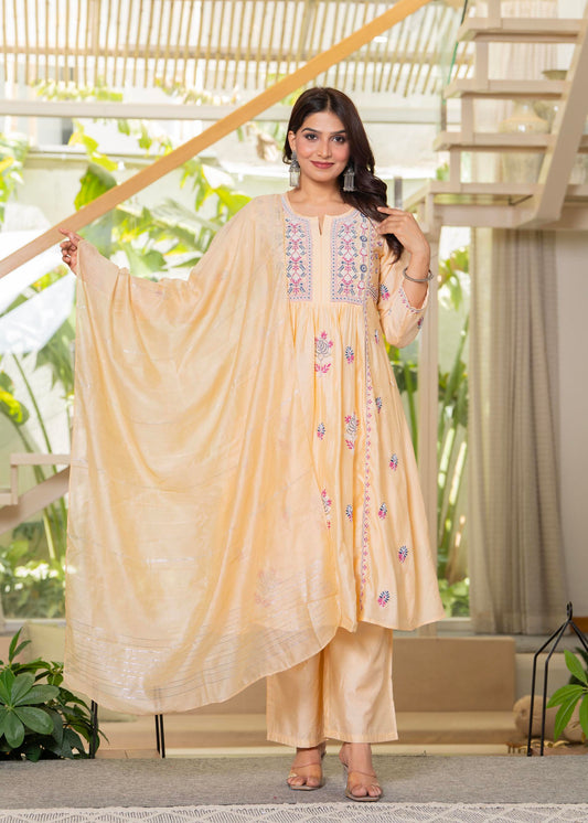 Juniper Yellow Embroidered Flared Kurta Set With Dupatta