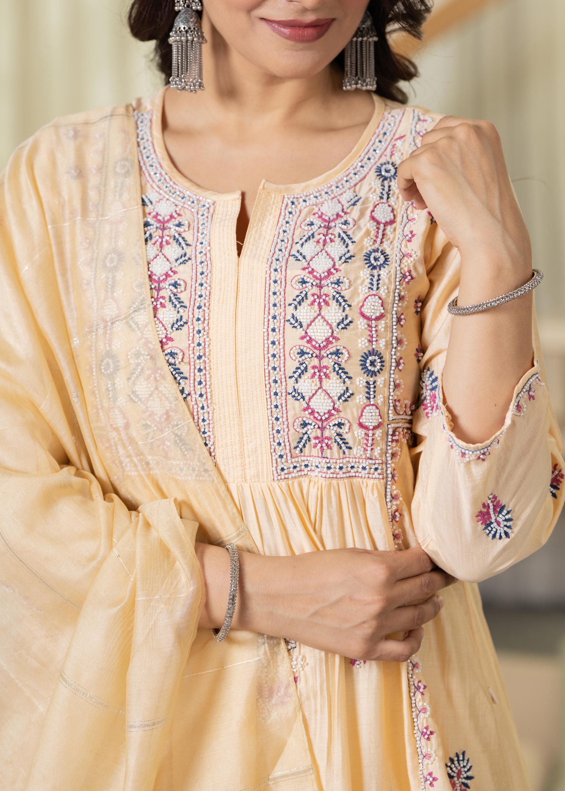 Juniper Yellow Embroidered Flared Kurta Set with Dupatta
