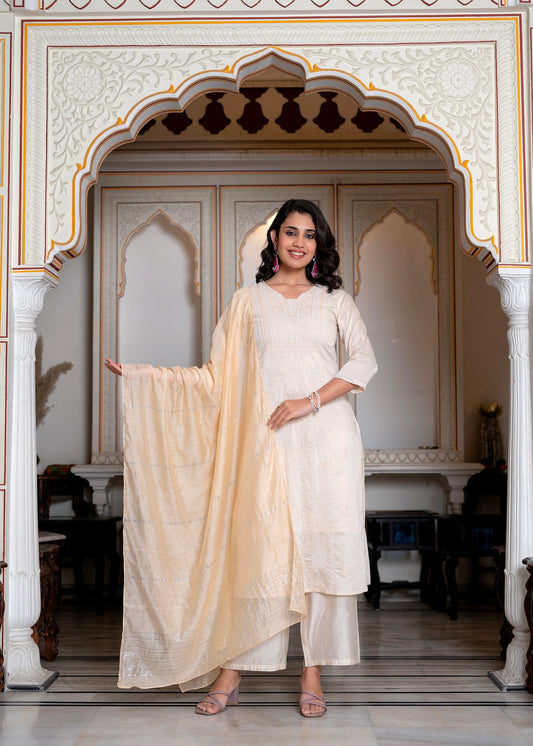 Juniper Peach Chanderi Kurta-Pant & Dupatta Set with Bead & Floral Thread Work