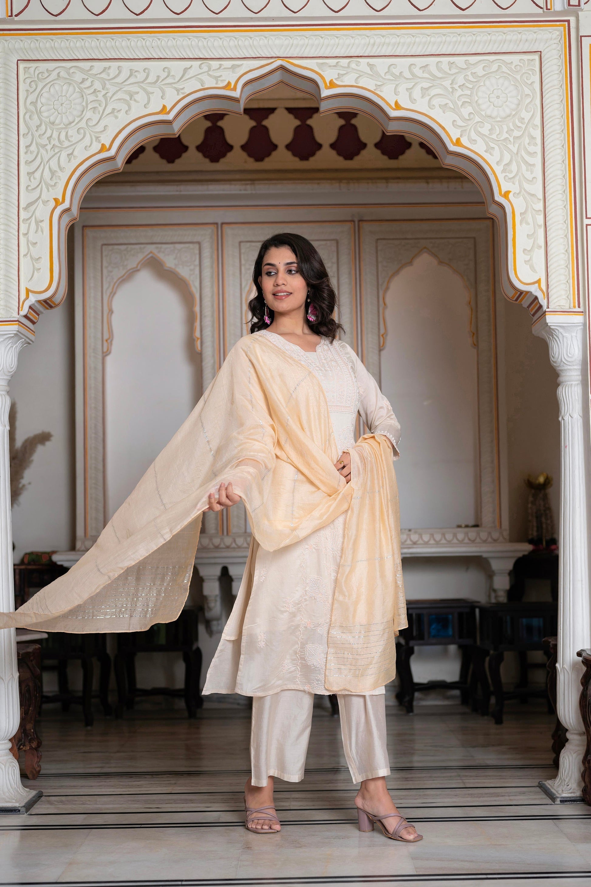 Juniper Peach Chanderi Kurta-Pant & Dupatta Set with Bead & Floral Thread Work