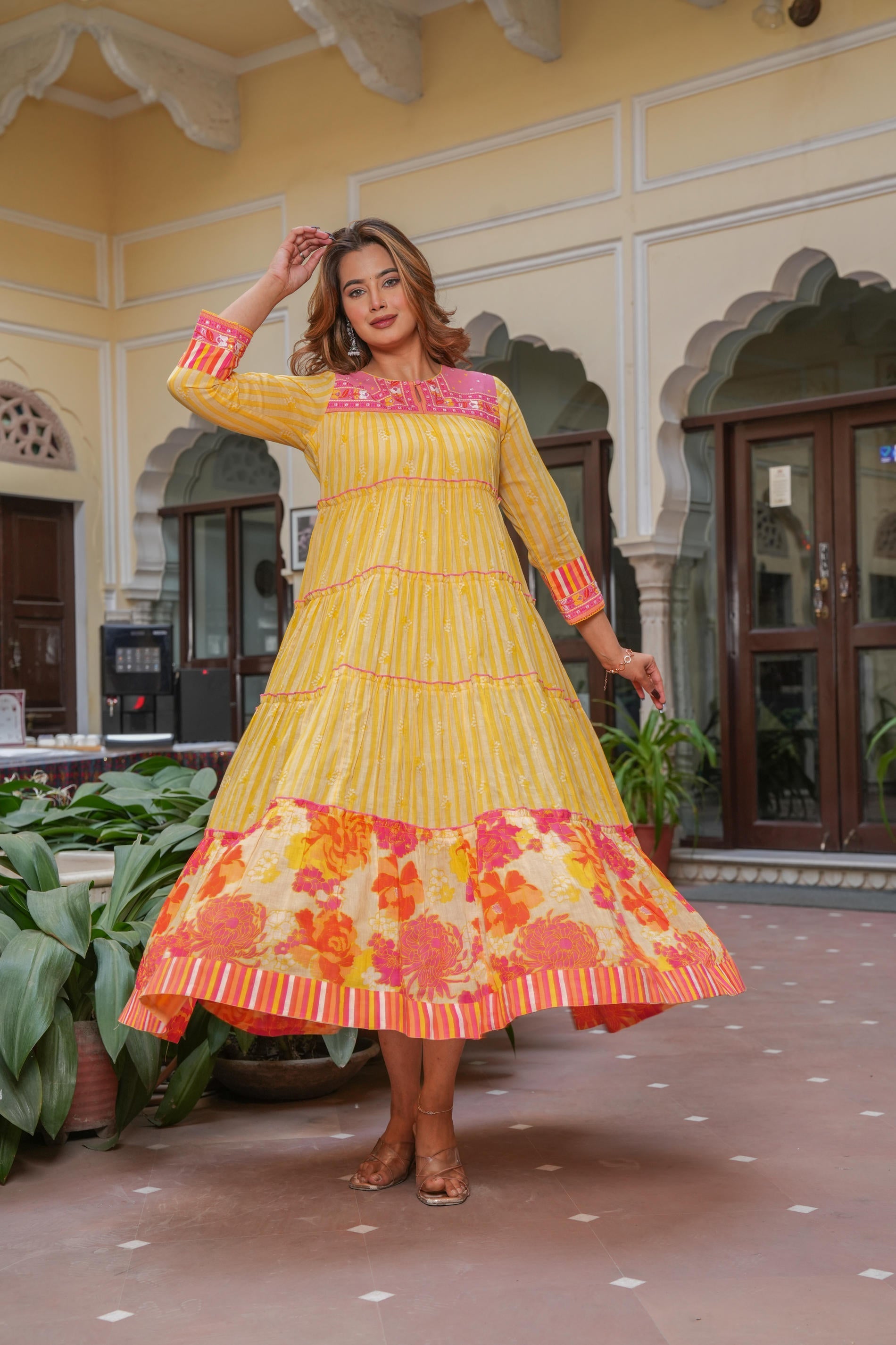 Juniper Mustard Flared Panelled Dress With Printed Floral Hem And Yoke Embroidery