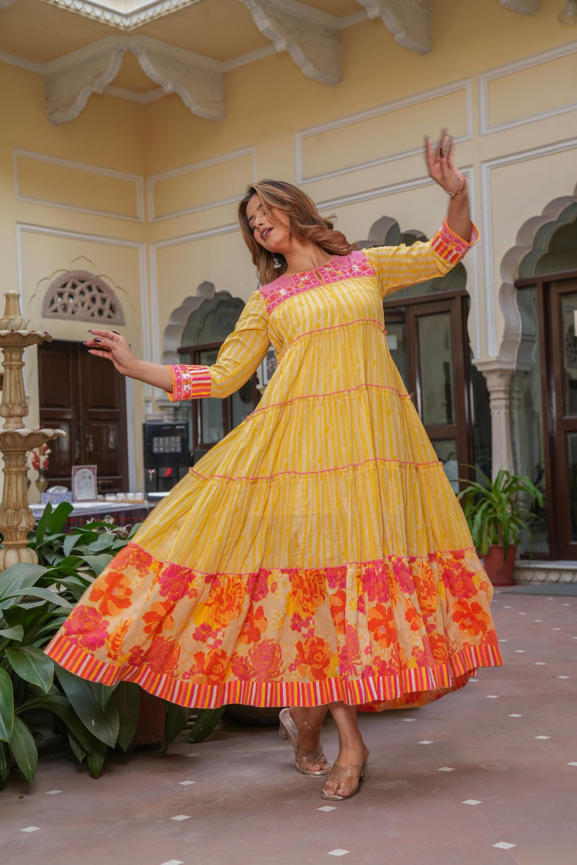 Juniper Mustard Flared Panelled Dress with Printed Floral Hem and Yoke Embroidery