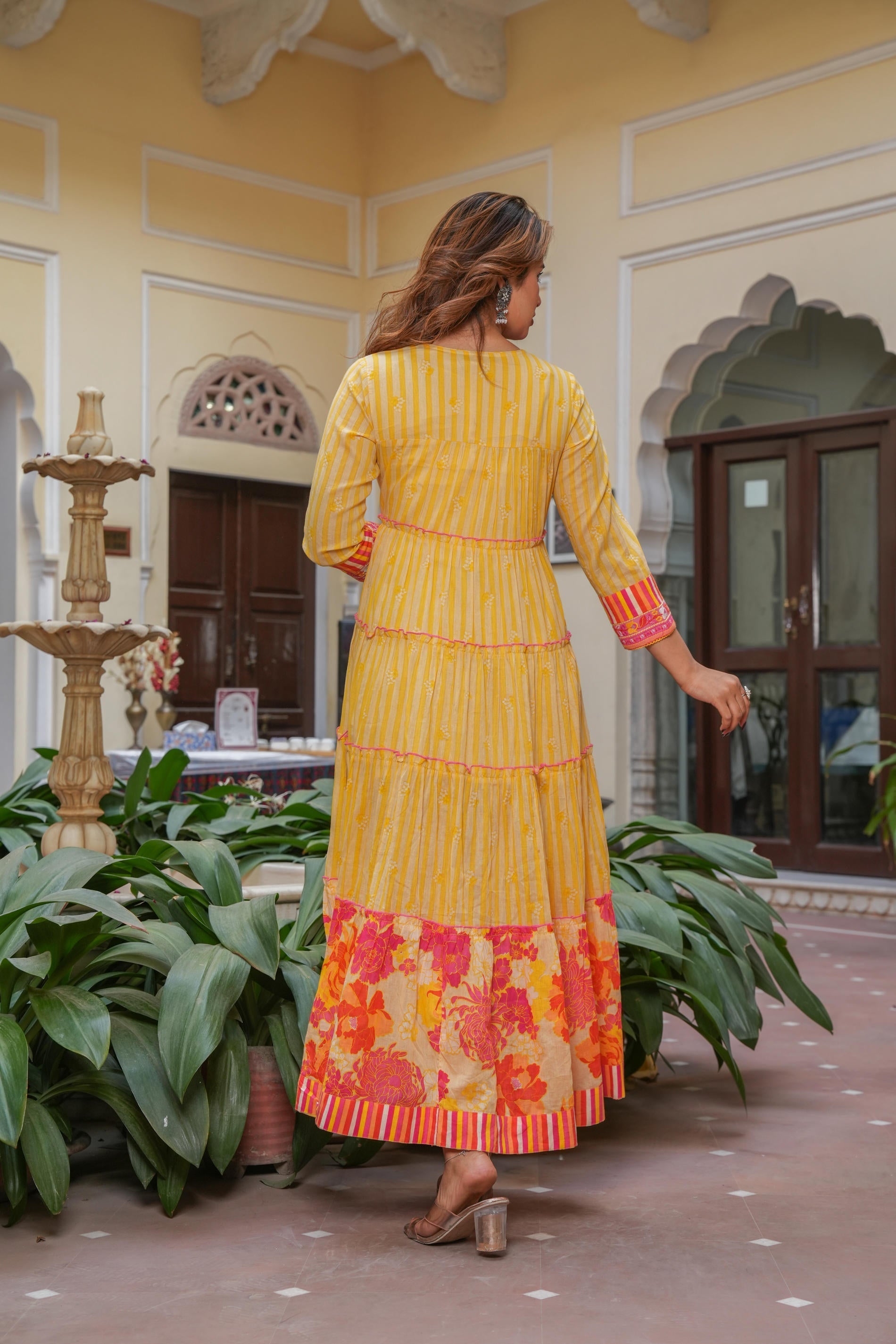 Juniper Mustard Flared Panelled Dress with Printed Floral Hem and Yoke Embroidery