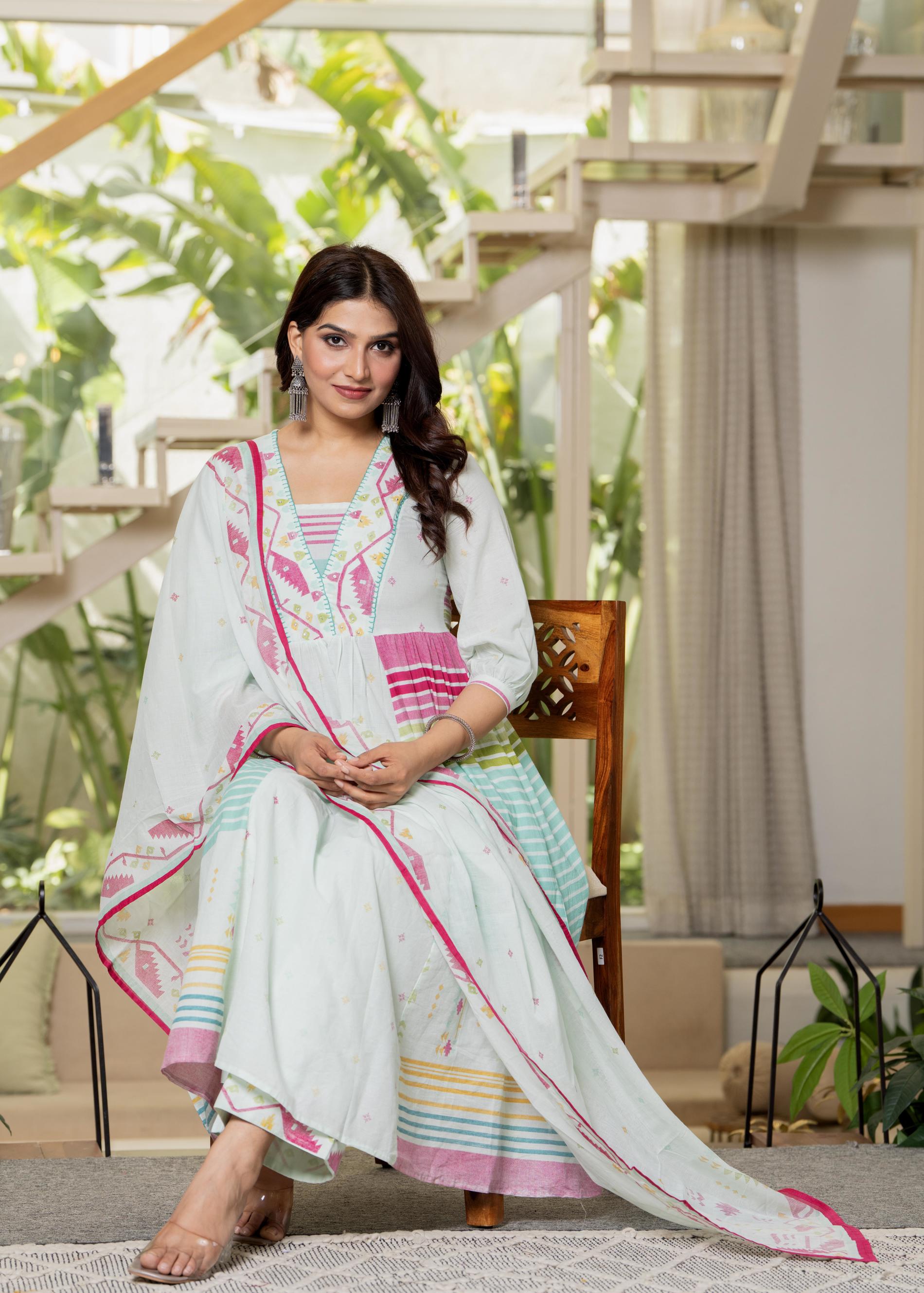 Juniper Pista Green Striped Kurta Set with Tribal Print Detailing and Dupatta