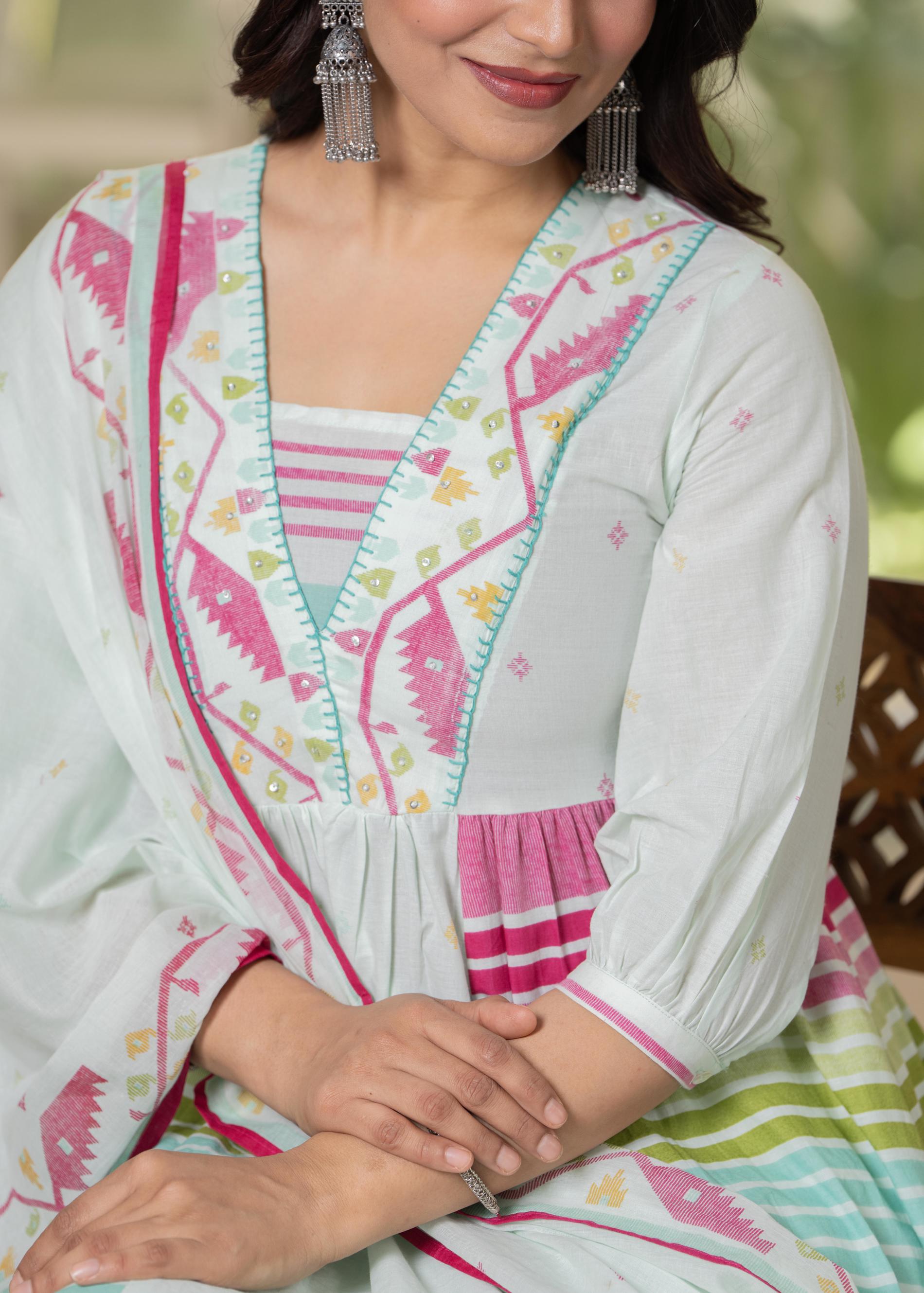 Juniper Pista Green Striped Kurta Set with Tribal Print Detailing and Dupatta