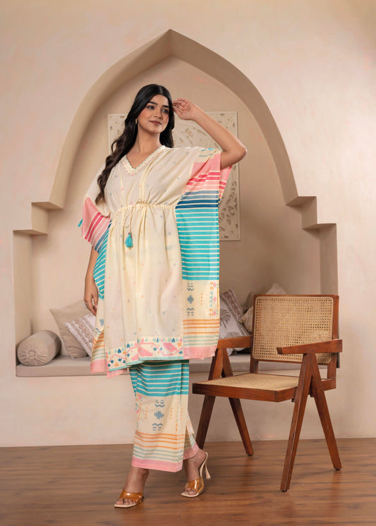 Juniper Ivory Printed Kaftan-Style Kurta Set With Drawstring Waist And Tribal Pastel Print