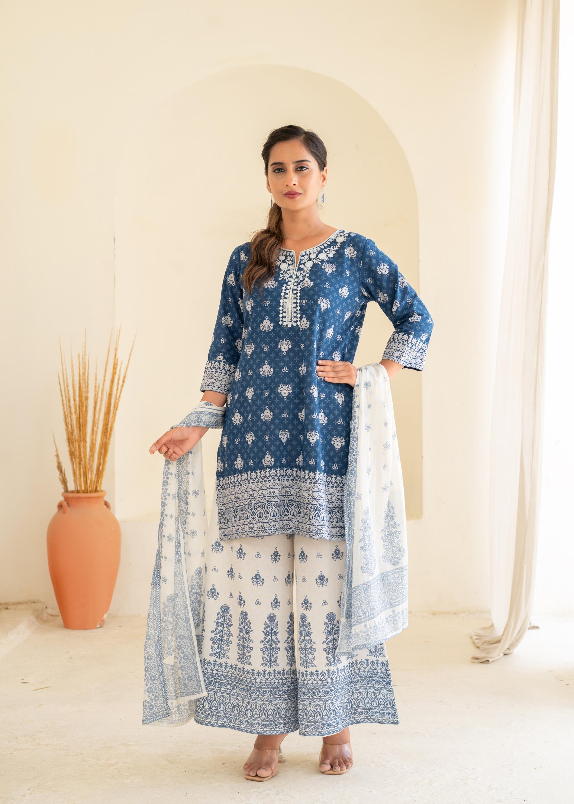 Juniper Floral Embroidered Cotton Kurta, Printed Straight-Fit Pants