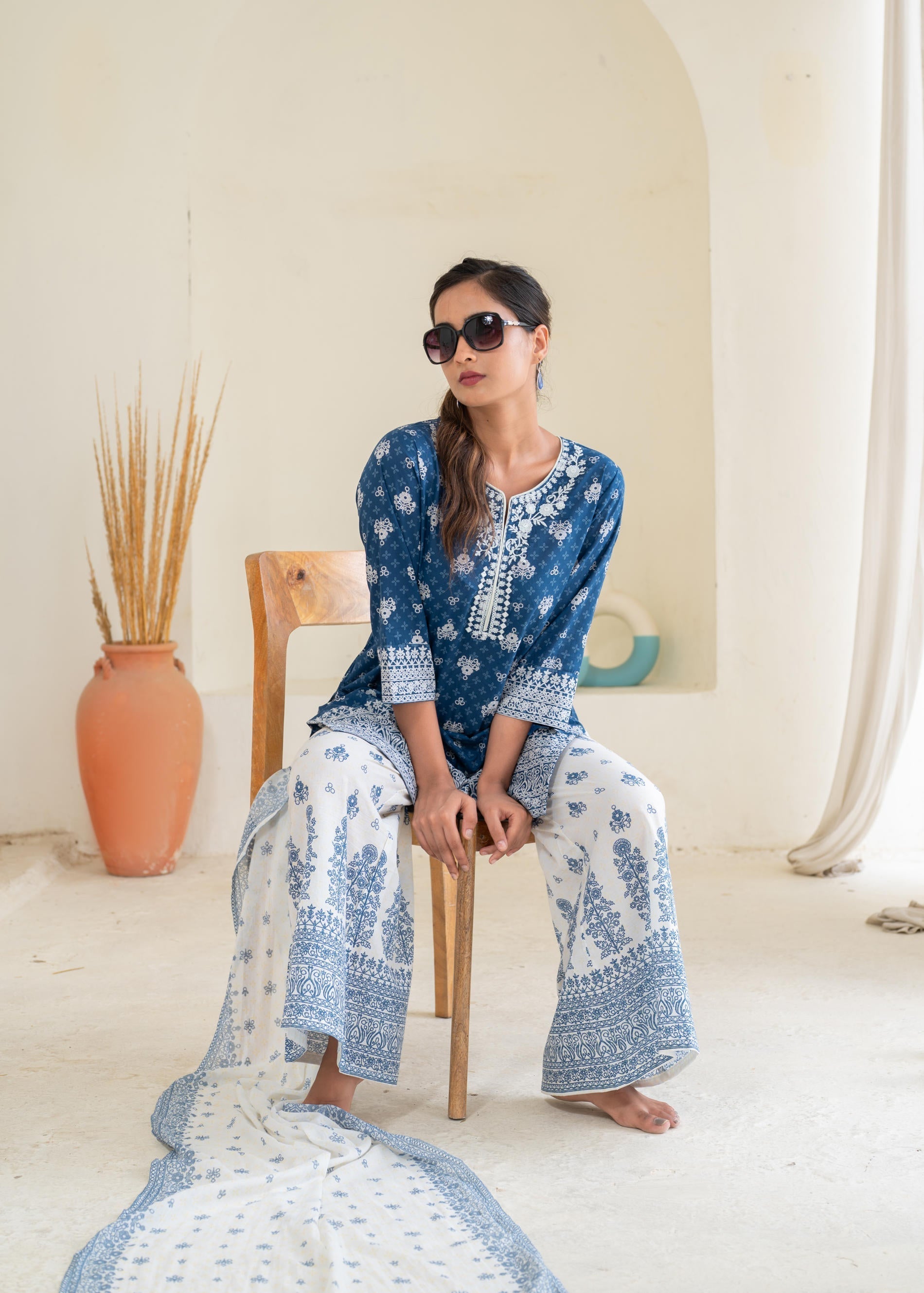Juniper Floral Embroidered Cotton Kurta, Printed Straight-Fit Pants