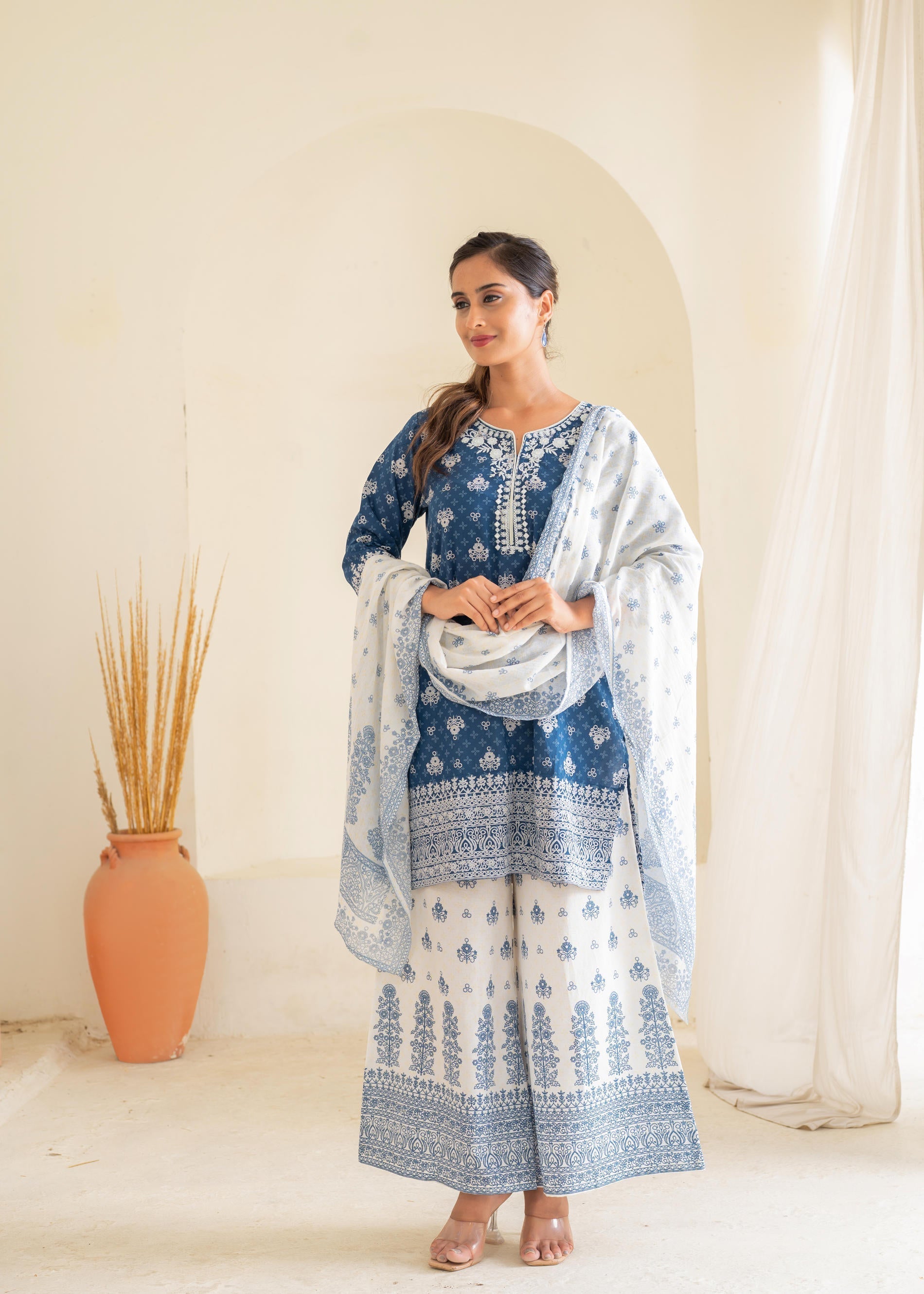 Juniper Floral Embroidered Cotton Kurta, Printed Straight-Fit Pants