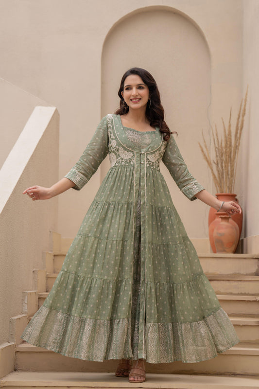 Juniper Azure Green Whispers Boho Tiered Anarkali Dress