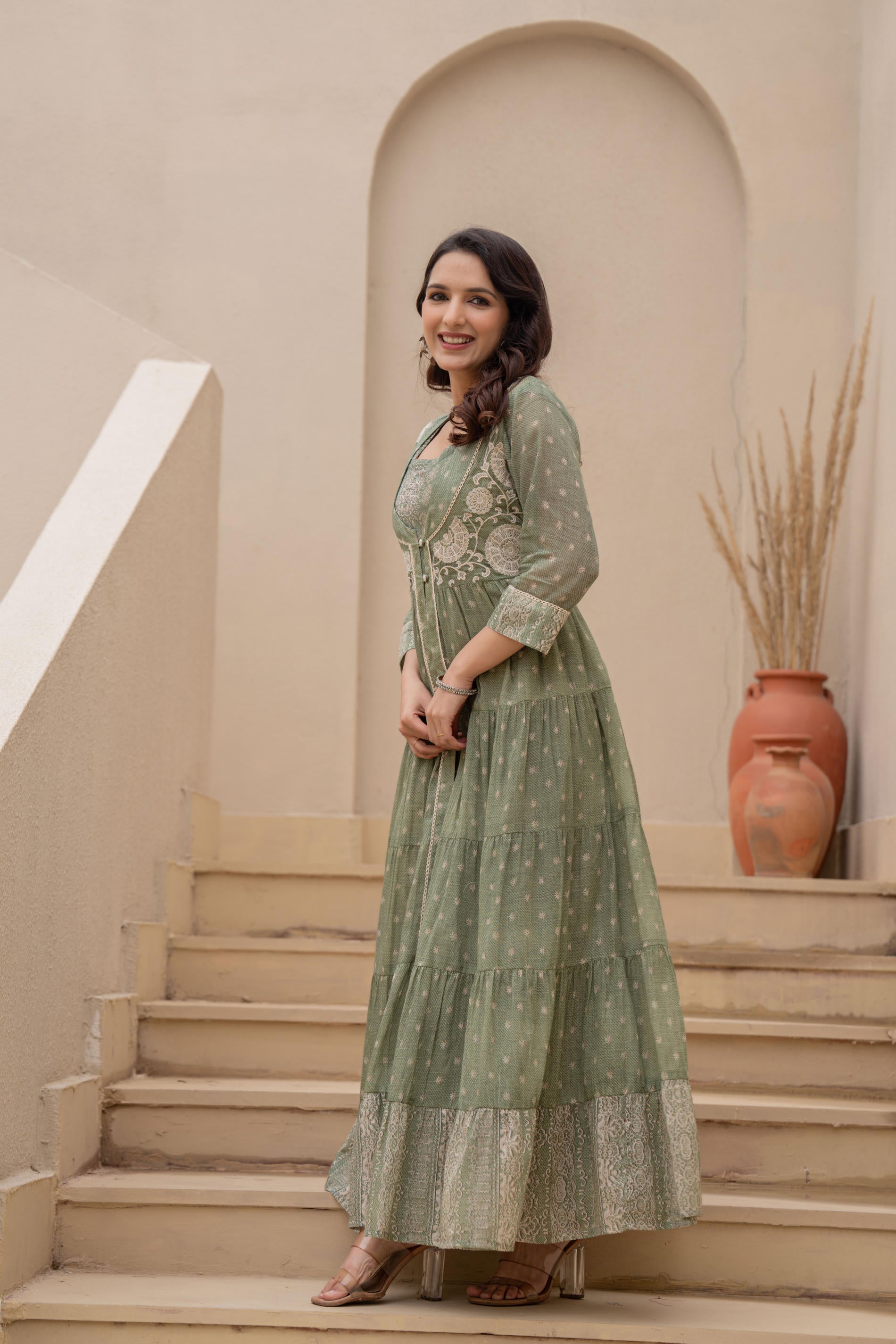 Juniper Azure Green Whispers Boho Tiered Anarkali Dress