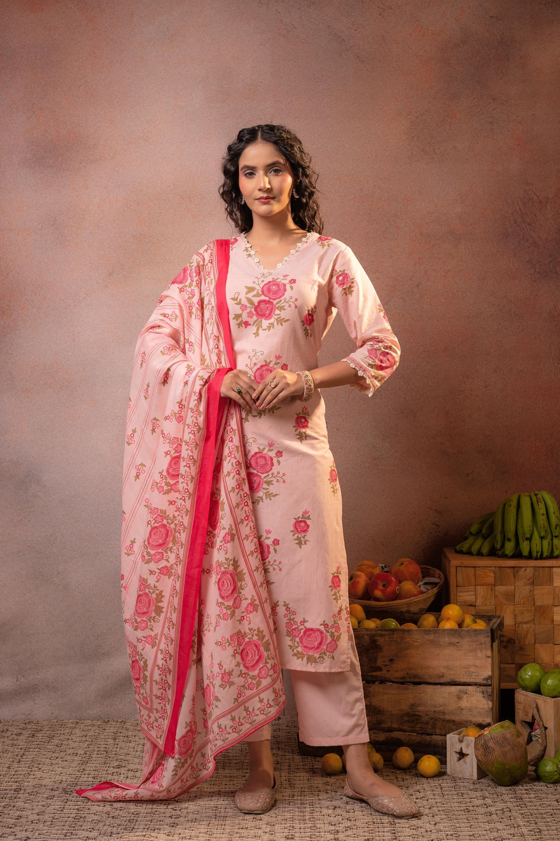 Juniper Gulbahaar Blush Floral Kurta Pant And Dupatta Set